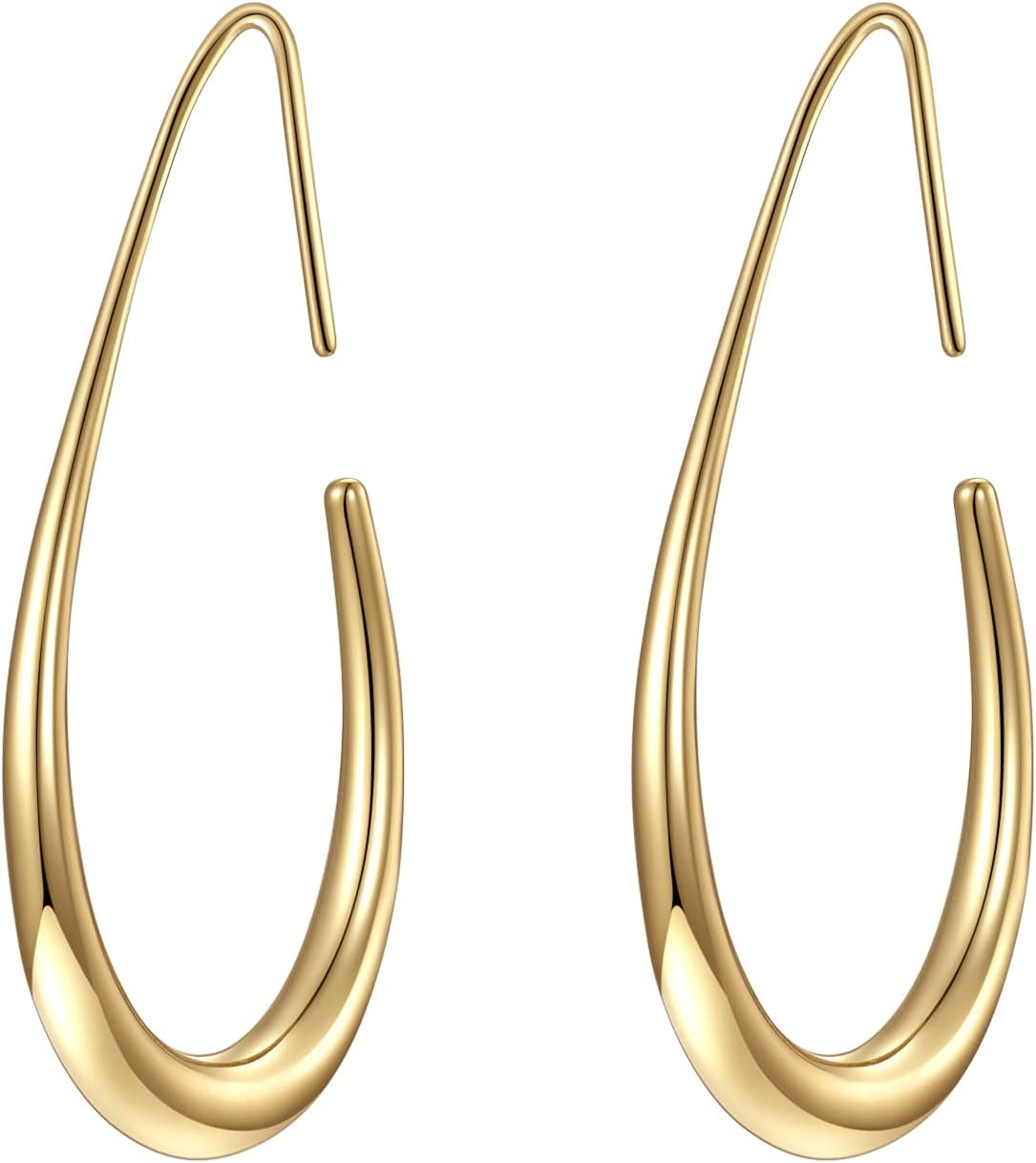 Lightweight Teardrop Hoop Earrings for Women - 14k Gold\/White Gold Plated Large Oval Pull Through Hoop Earrings High Polished Statement Jewelry Gift for Women