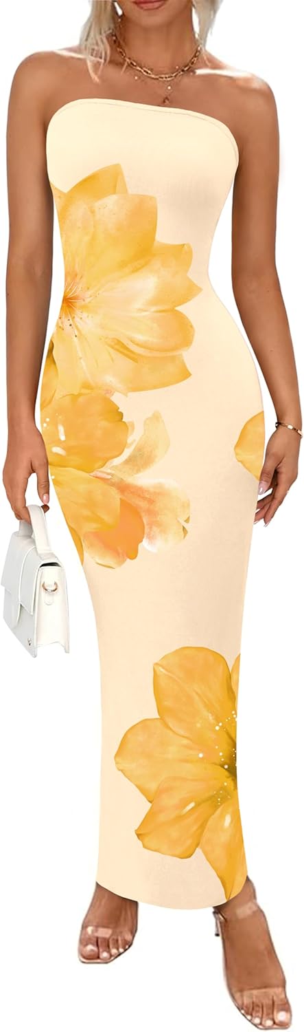 PRETTYGARDEN Women Summer Strapless Maxi Dress Bodycon Floral Sexy Long Wedding Guest Dress Formal Tube Mesh Cocktail Dresses