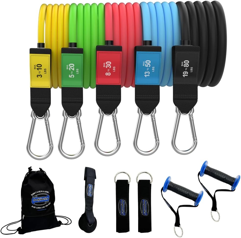 Bodylastics Patented Basic Series Resistance Band Set - 5 Resistance Bands with Snap Reduction Tech, 2 Handles, 2 Ankle Straps, 1 Door Anchor &amp; 1 Carry Bag