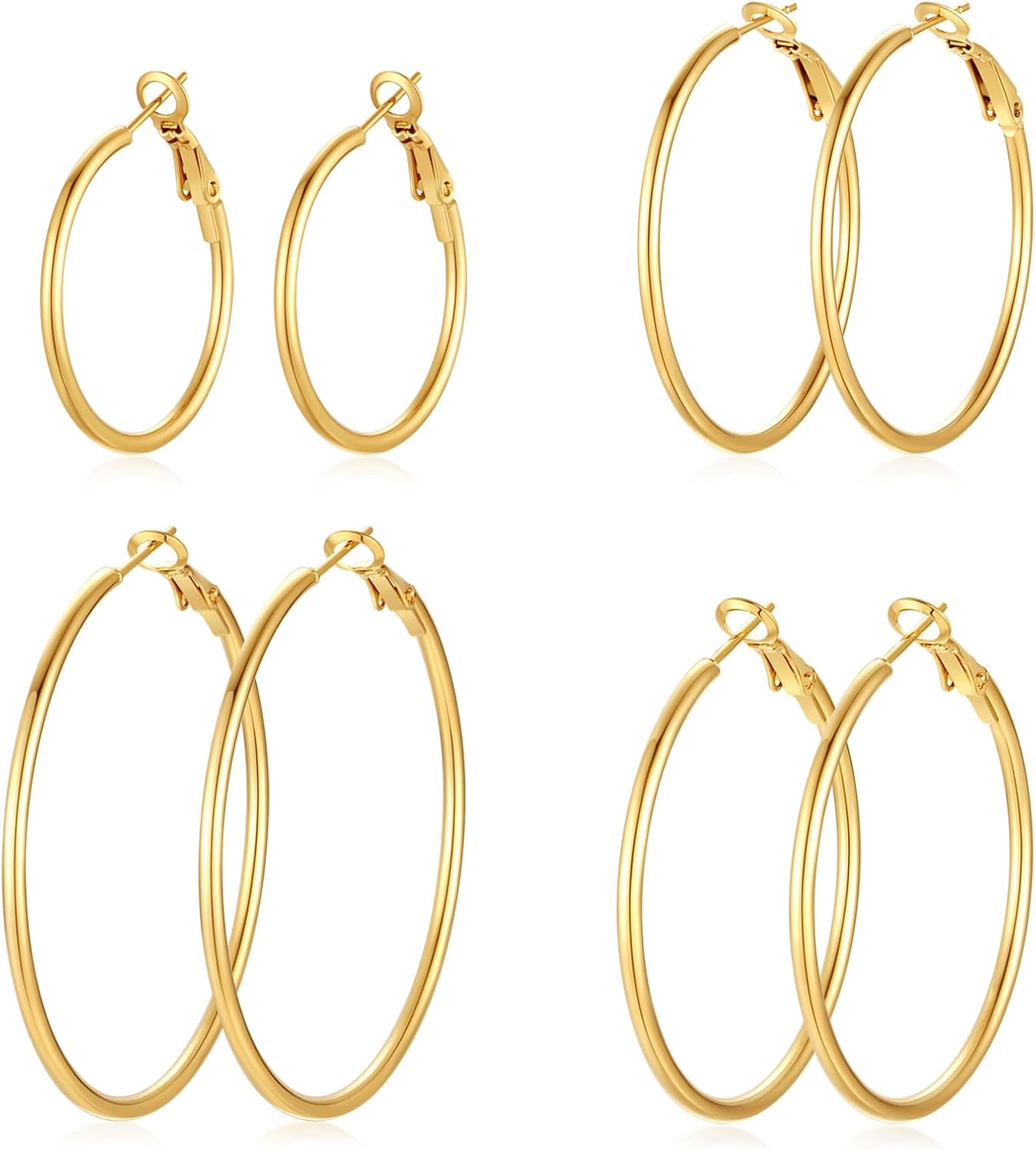 4 Pairs Silver Gold Hoop Earrings for Women | 14K Gold Plated Hoop Earrings Set Hypoallergenic Earring Lightweight Dangle Earrings Set