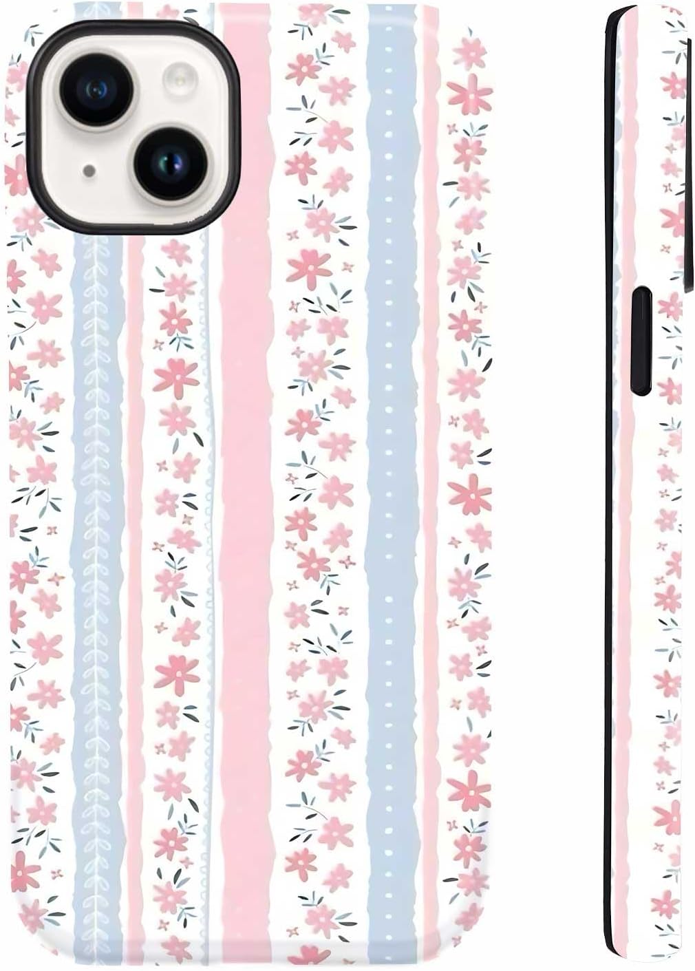 Axuimy Cute Striped Blue Pink Flower Floral Aesthetic Phone Case for iPhone 14\/13 (6.1"), Shockproof Soft TPU &amp; Hard PC Hybrid 2-Layer Protective Phone Cover for Kids Teen Girls Women