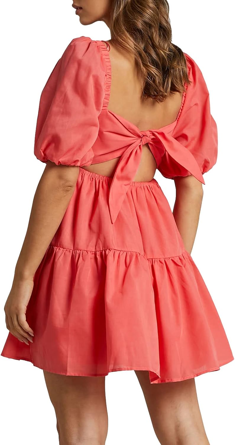 OWNGIGI Women's Summer Dress Square Neck Puffy Short Sleeve Loose Tie Back Casual A-Line Mini Dresses