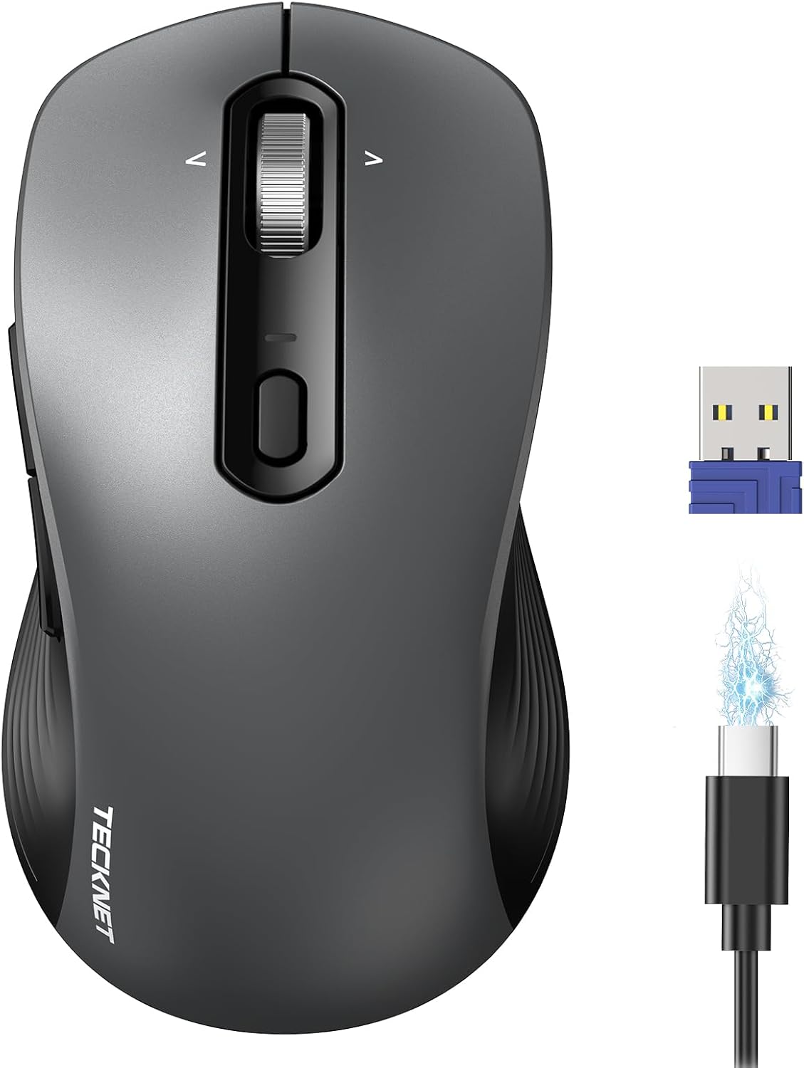 TECKNET Rechargeable Bluetooth Mouse, [ USB + BT5.0 + BT3.0 ] Wireless Mouse, Ergonomic 4-Way Scroll Wheel Computer Mice, 6-Level 4800 DPI Silent Mice, Multi-Device for Computer\/Laptop\/MacBook (Grey