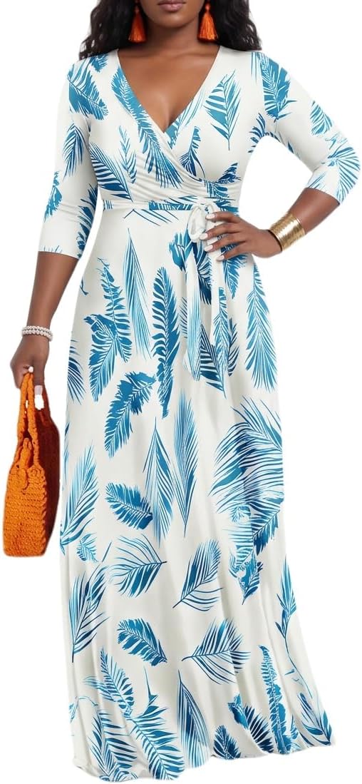 PerZeal Women\u2019s Boho Plus Size V-Neck 3\/4 Sleeve Maxi Dress Colorful Floral Print, Casual Summer Long Dress with Belt