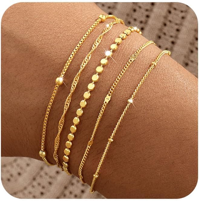 Striviio Gold Bracelets for Women, 14K Gold Plated Stackable Bracelet Stack Set Adjustable Charm Paperclip Chain Snake Link Layered Waterproof Jewelry Sets Gifts