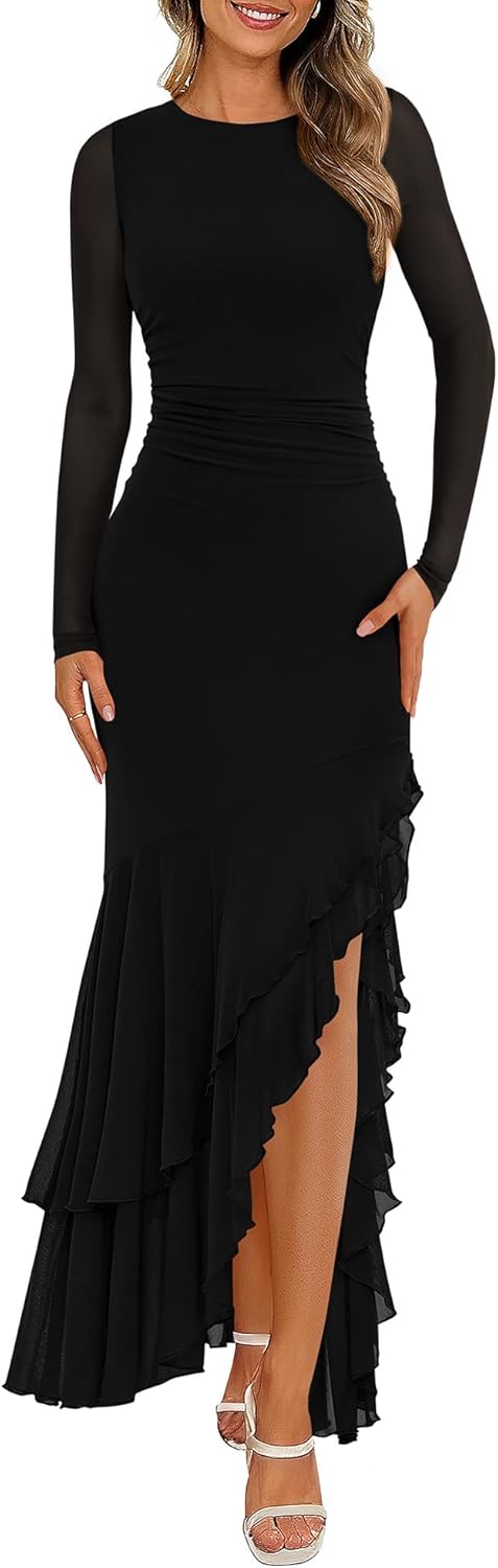 BTFBM Women's Maxi Dresses Spring 2026 Long Sleeve Ruched Bodycon Solid Ruffle Mermaid Cocktail Wedding Guest Dress