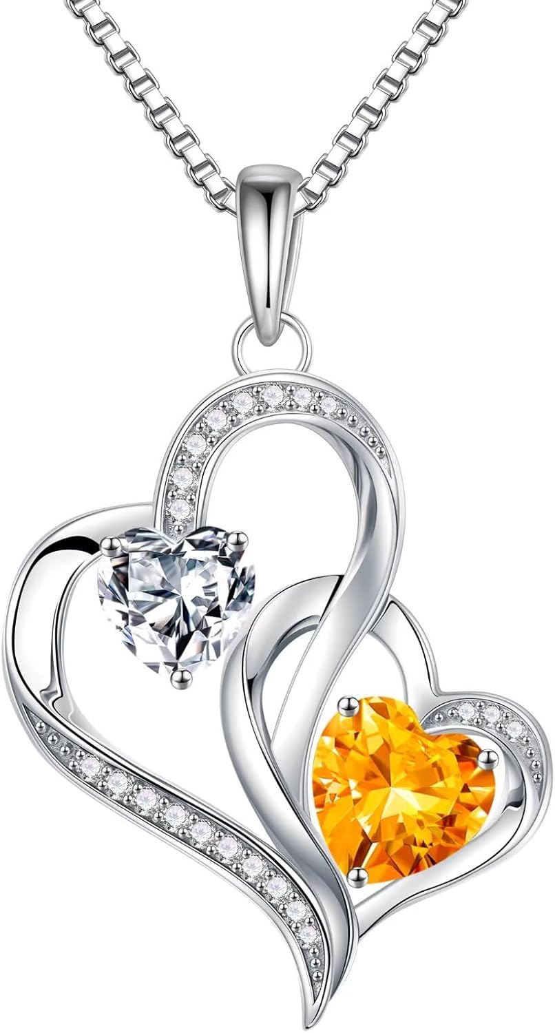 Iefil Mothers Day Gifts for Wife - 925 Sterling Silver Double Birthstone Heart Necklace | Anniversary Birthday Gifts for Women | Birthstone Jewelry for Wife Mom Girlfriend