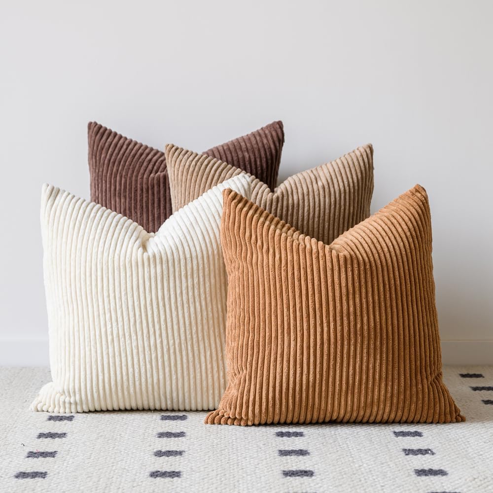 LANANAS Neutral Couch Throw Pillow Covers 18x18 Inch Set of 4 Decorative Farmhouse Boho Throw Pillows for Living Room, Couch, Bed, Sofa Soft Corduroy Accent Home Decor (Neutral Brown, 18x18 Inch)