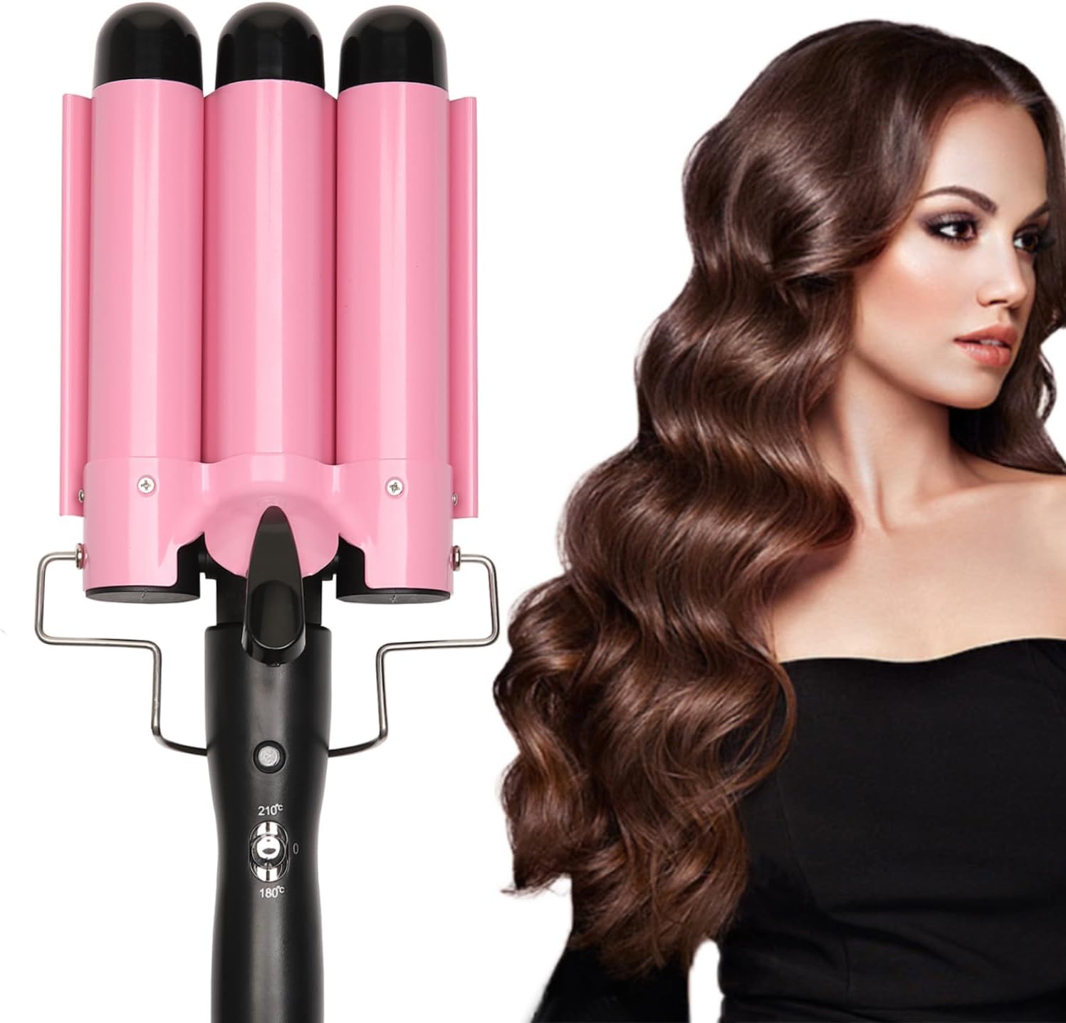 Dopheuor 2024 Newest 3 Barrel Curling Iron Jumbo 1.25 inch (32mm) Hair Curling Wand Crimper Instant Heating Adjustable Hair Curler with 2 Temperature Control, Pink