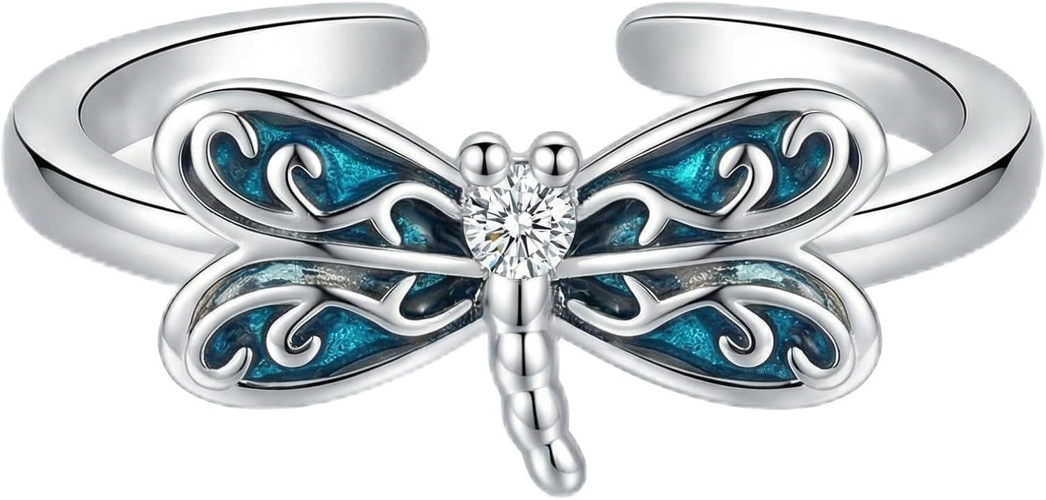 Velonea Sterling Silver Dragonfly Ring with Blue Enamel, Adjustable Open Band, Cubic Zirconia Accent, 19mm Width, 2.54g