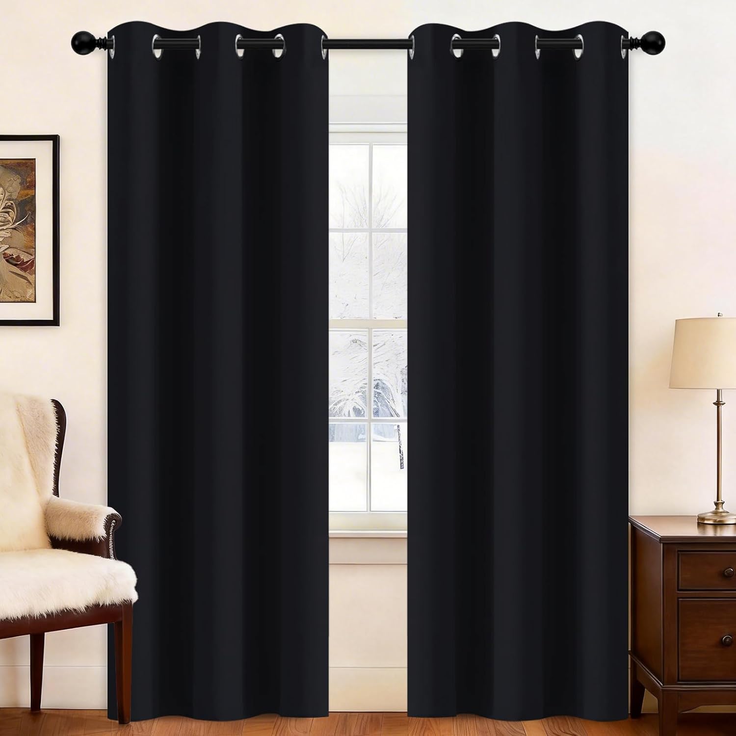 Yakamok Black Room Darkening Grommet Window Drapes Blackout Curtains Thermal Insulated Grommet Curtain Panels for Bedroom, 38W x 84L,One Pair