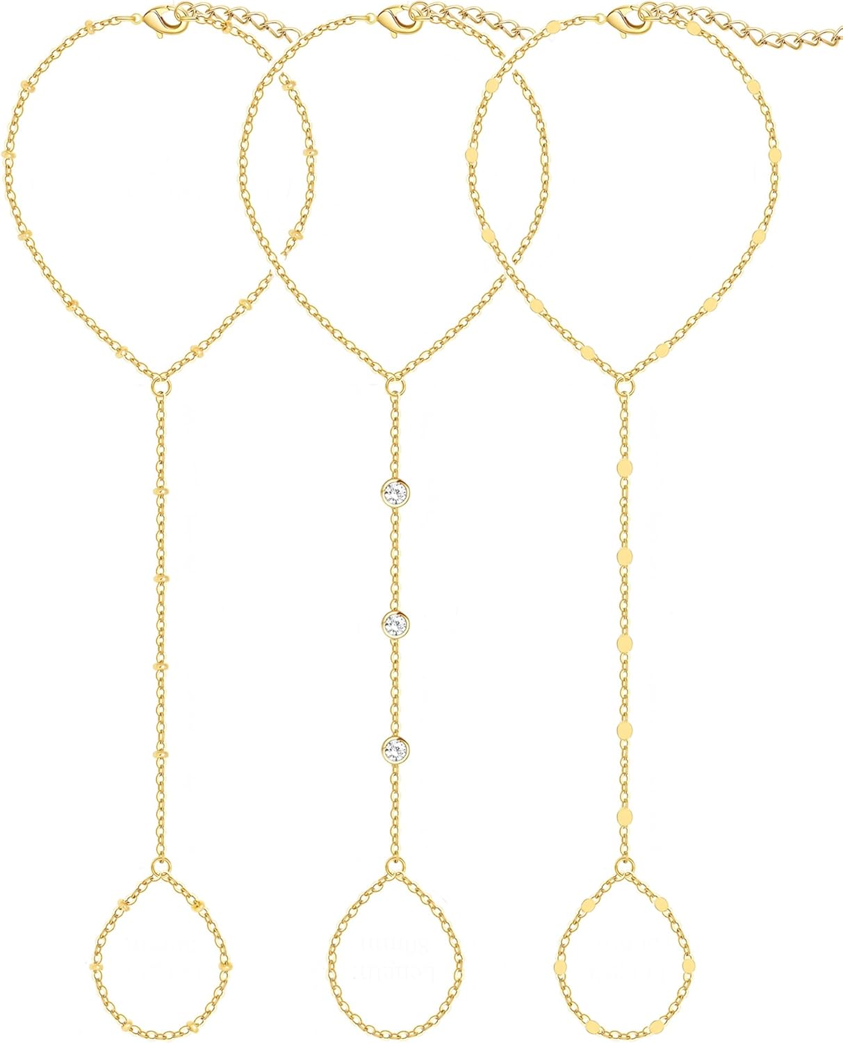 3PCS 14K Gold-Plated Hand Chain Bracelets for Women, Stack Bracelets Set Adjustable, Trendy Dainty Ring Bracelet Hand Chain