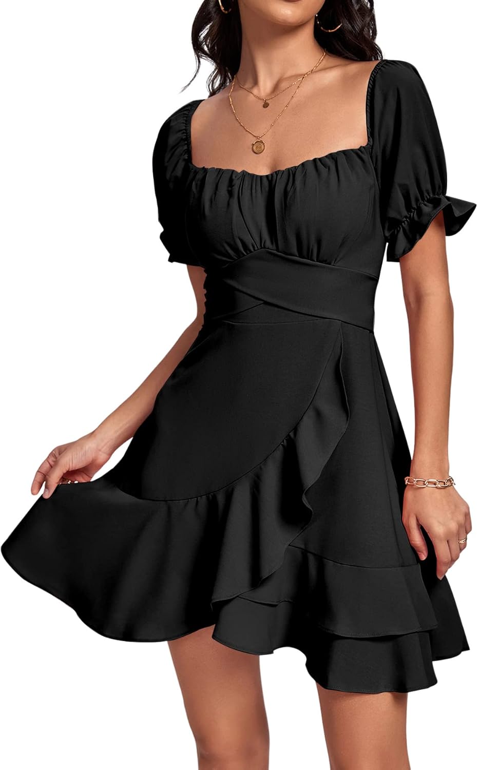 LYANER Women's Square Neck Ruffle Mini Dress Off The Shoulder Short Sleeve A Line Flowy Graduation Dresses