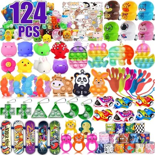 124 Pcs Party Favors for Kids, Pop Fidget Toys Bulk, Treasure Box Toys for Classroom Prizes, Pinata Filler, Goodie Bag Stuffers, Treasure Chest Carnival Prizes for Boys & Girls