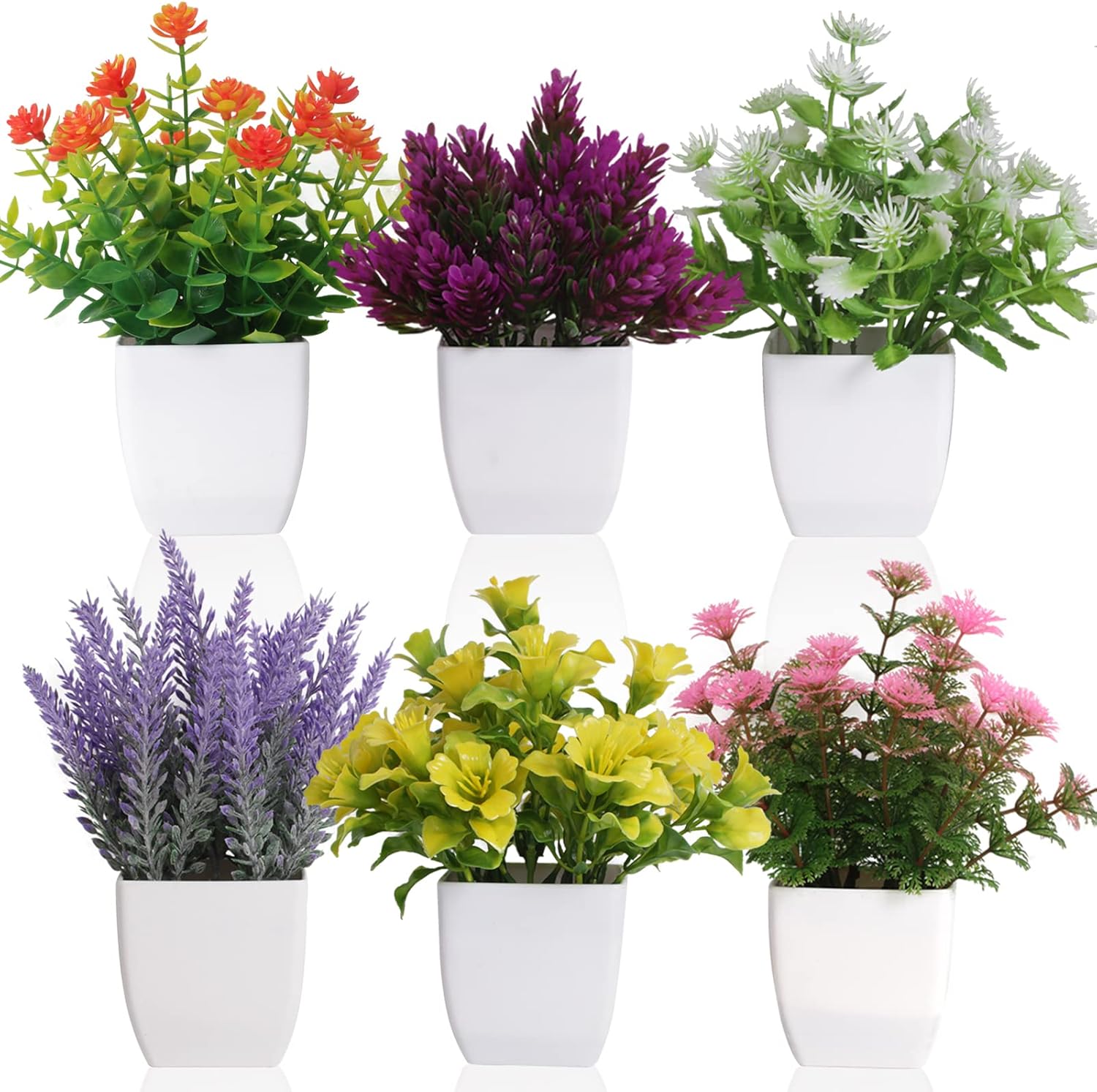 Yoratee 6pcs Artificial Pot Flowers Small Fake Plants with Pot Mini Potted Plants for House Office Tabletop Decoration
