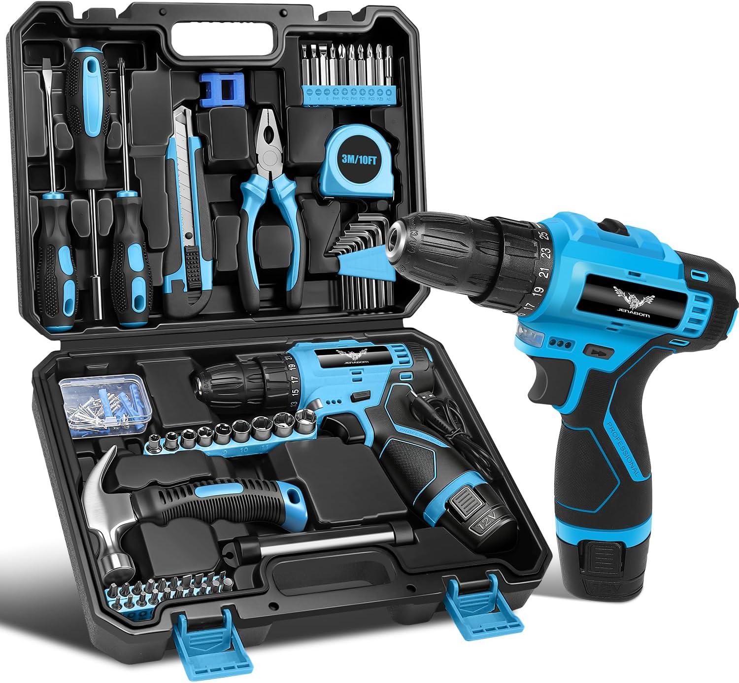 JENABOM Tool Set - 12V Cordless Drill Kit, 146 Piece Home Tool Set With Power Drill, Tool Kits for Men &amp; Women, Perfect for Homeowner, Diyer, Handyman
