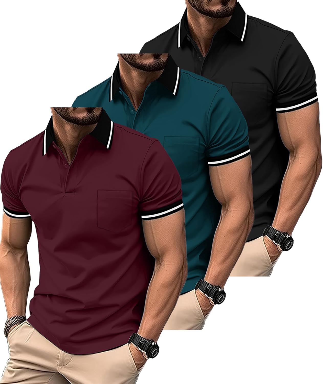 ZITY 3 Pack Men Polo Shirts Short Sleeve with Pocket Sport Wicking Shirts for Men Casual Athletic Collared T-Shirts