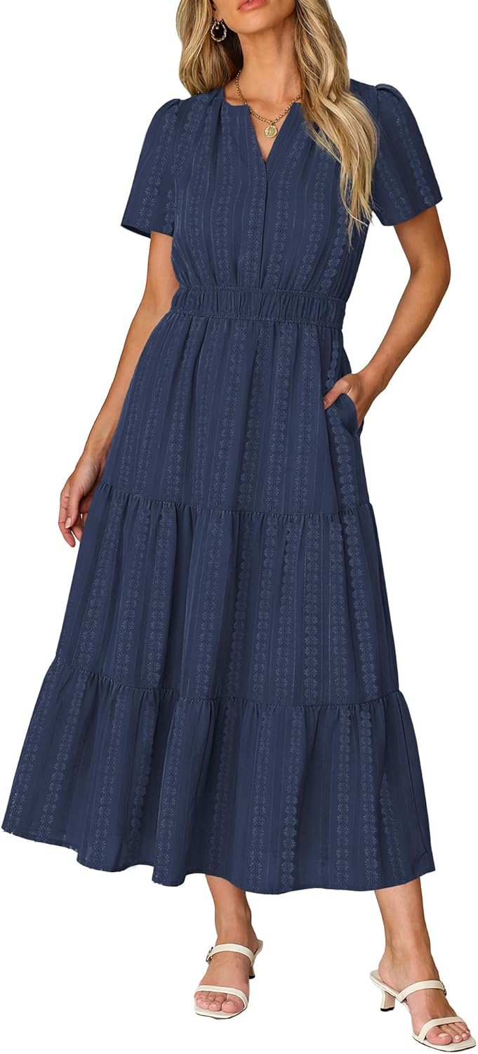RUMIA Women Casual Midi Maxi Dresses Short Sleeve V Neck Elastic Waist Vacation Dress Pockets（S-2XL