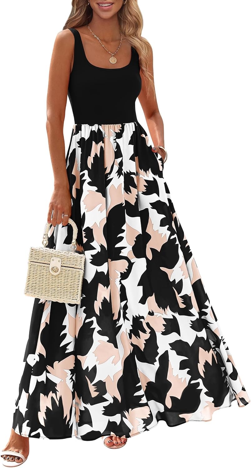 KIRUNDO Women Summer Sleeveless Boho Floral Maxi Dress 2026 Scoop Neck Tank A Line Flowy Beach Vacation Resort Wear Sundress