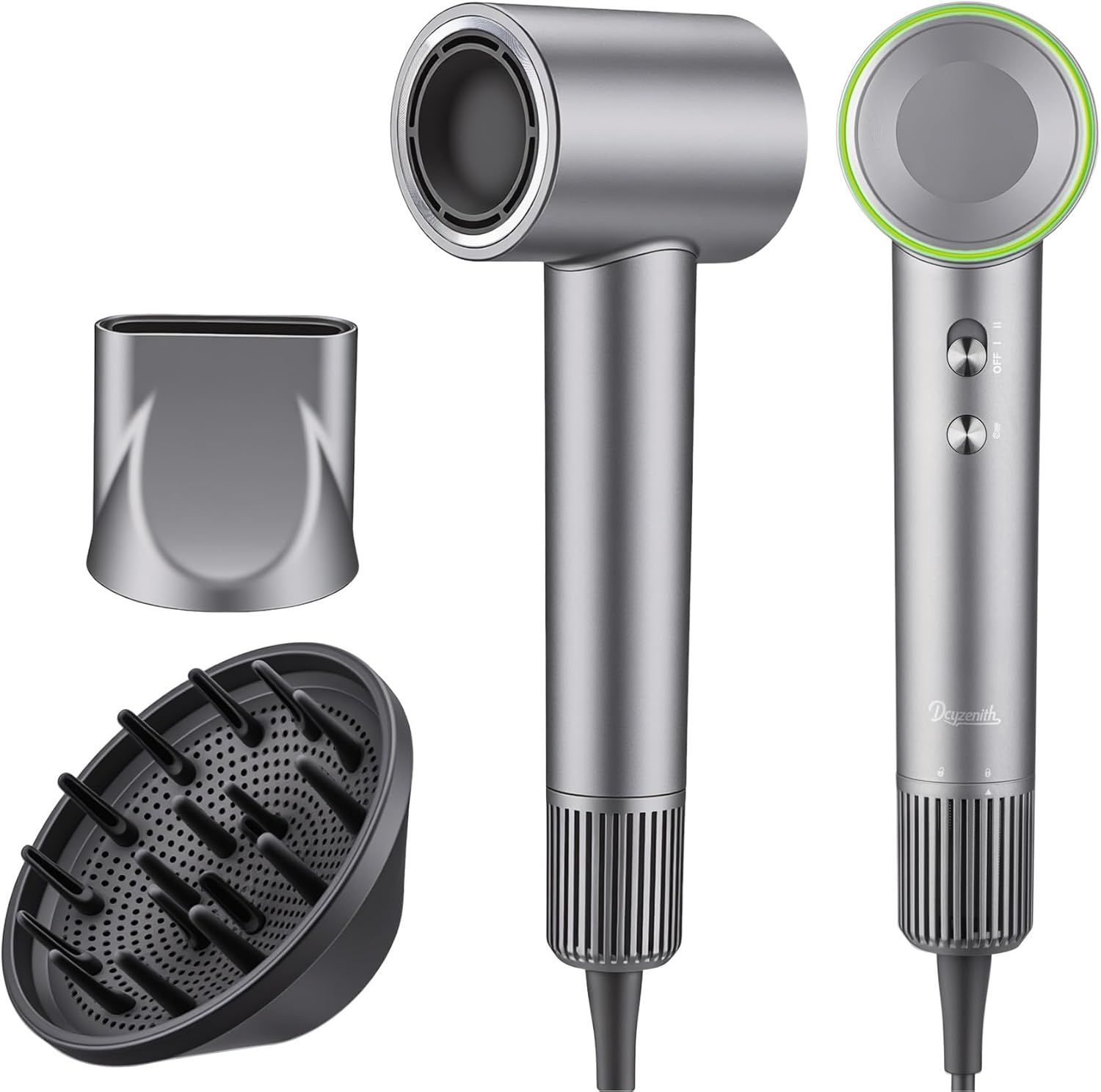 Dcyzenith High Speed Ionic Hair Dryer, 110,000 RPM Brushless Motor for Fast Drying, 3.7 Billion Negative Ions for Smooth Hair, Low Noise Portable Blow Dryer with Diffuser &amp; Concentrator, Grey