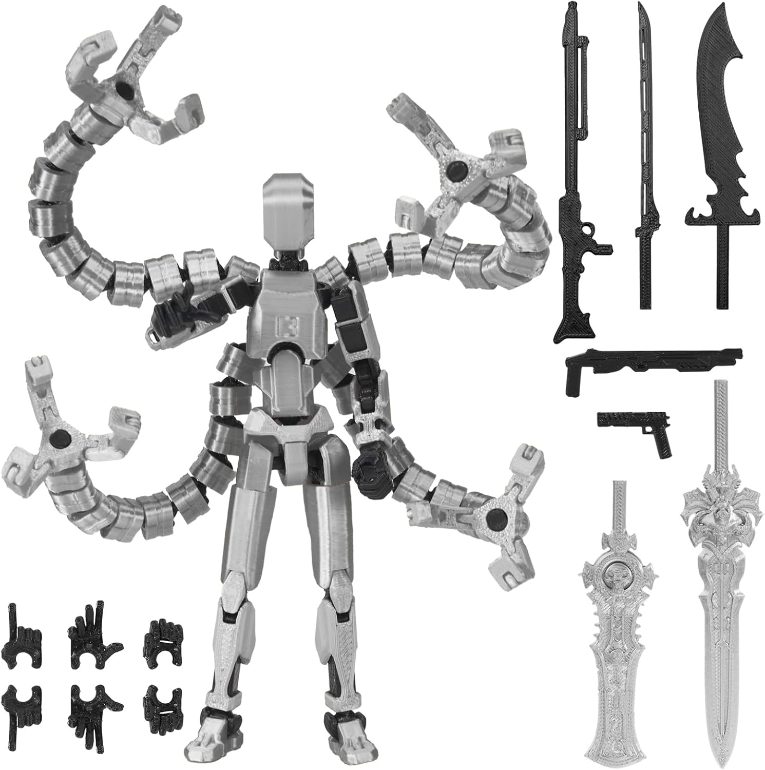 T13 Figure Set &amp; Titan 13 Toys（3d Printed Action Figures Assembly Completed）（Multi-Jointed Movable）（Octopus Man Designs Includes Various Accessories）Dummy T 13 Figures Desk Decoration (Silvery)