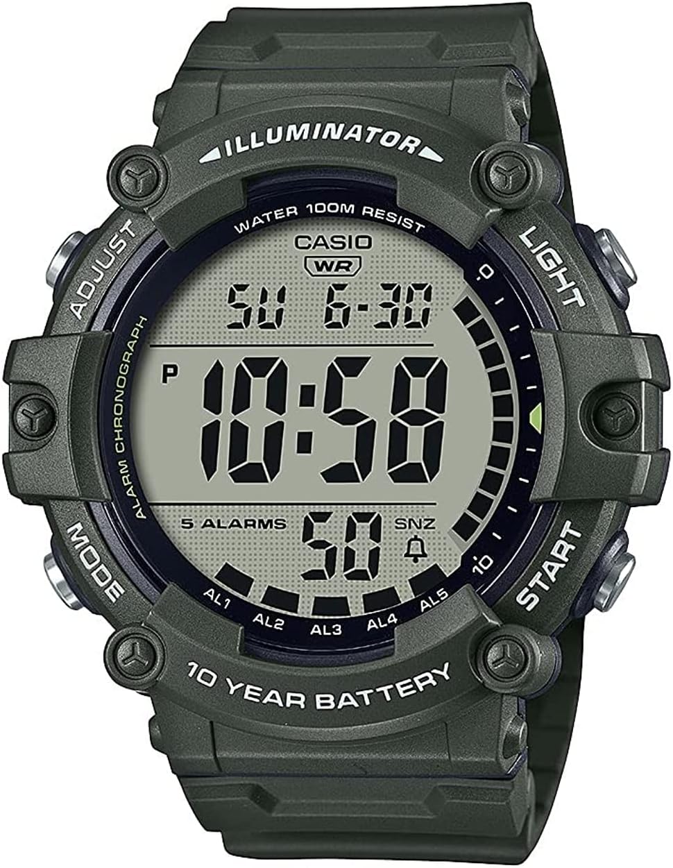 Casio Illuminator AE1500WH Series | 10-Year Battery | LED Backlight | 5-Alarms | 1\/100 Sec Stopwatch | Men's Digital Watch