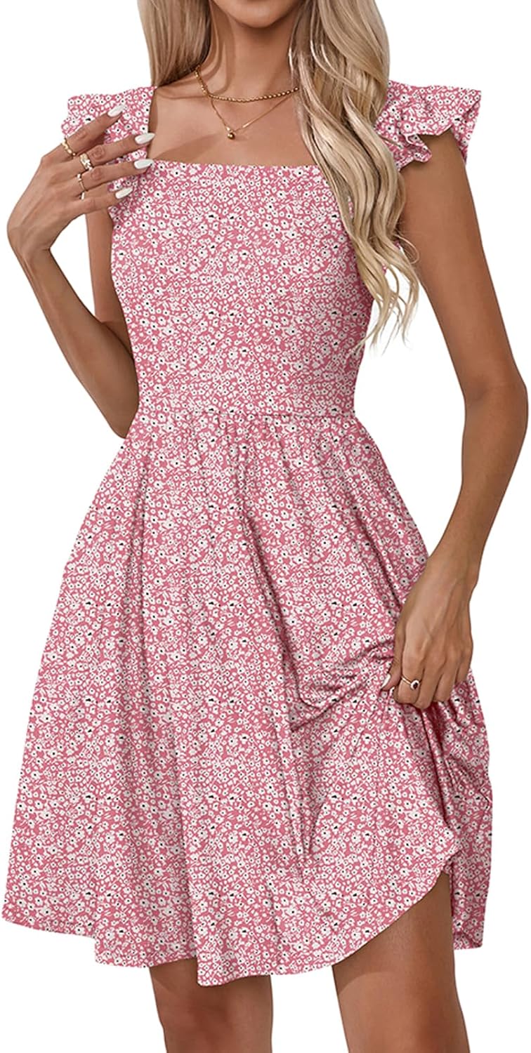 Naggoo Women's Summer Dresses Casual Square Neck Floral Sundress with Pockets A Line Flowy Beach Dress