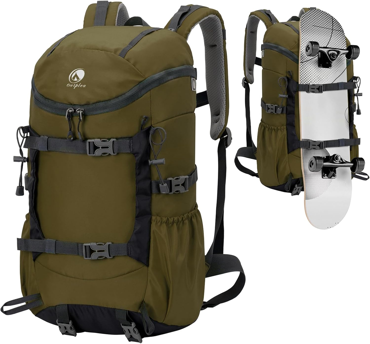 Outplea 30L Skateboard Backpack for Men Women, Waterproof Hiking Backpack with Chest Strap for Camping Hunting, Lightweight Casual Travel Daypack for Skateboard Sport Outdoor, Green