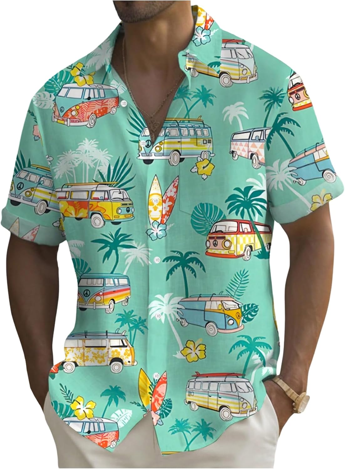 RoseSeek Men's Tropical Cartoon Graphic Button Down Shirts Short Sleeve Collar Shirt Beach Tops