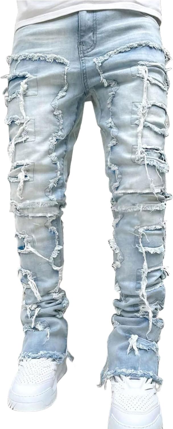 FantasyGears Mens Stacked Ripped Jeans Y2k Distressed Denim Pants Skinny Slim Fit Stretch Biker Jeans