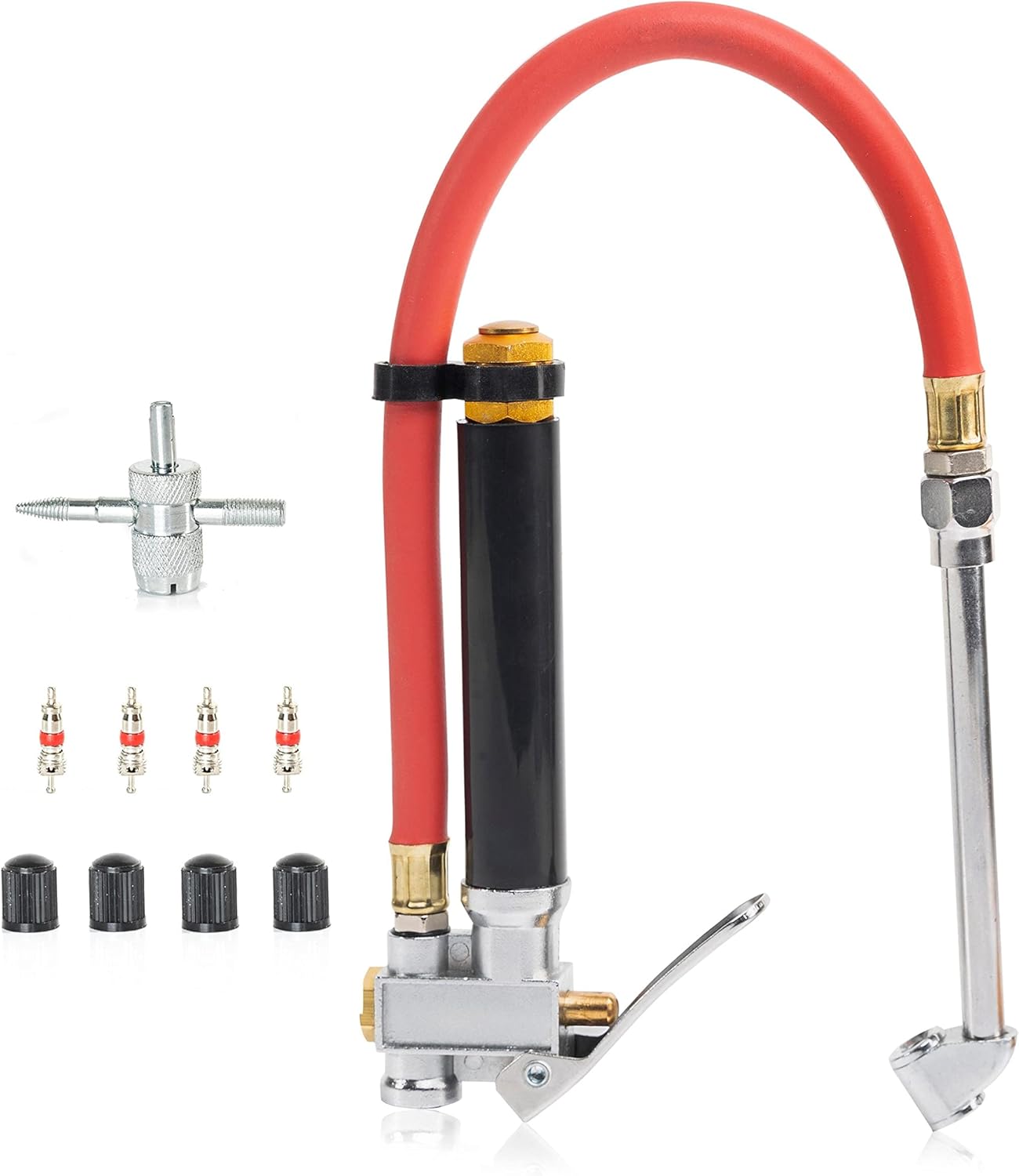 NEIKO 20701A Tire Inflator | 12 Inch | Flexible Air Tire Pressure Gauge | 20 \u2013 120 PSI | 1\/4\u201D NPT Offset Dual Head Chuck | Tire Filler with Hose | Aluminum Body and Brass Valves | Stem Valv