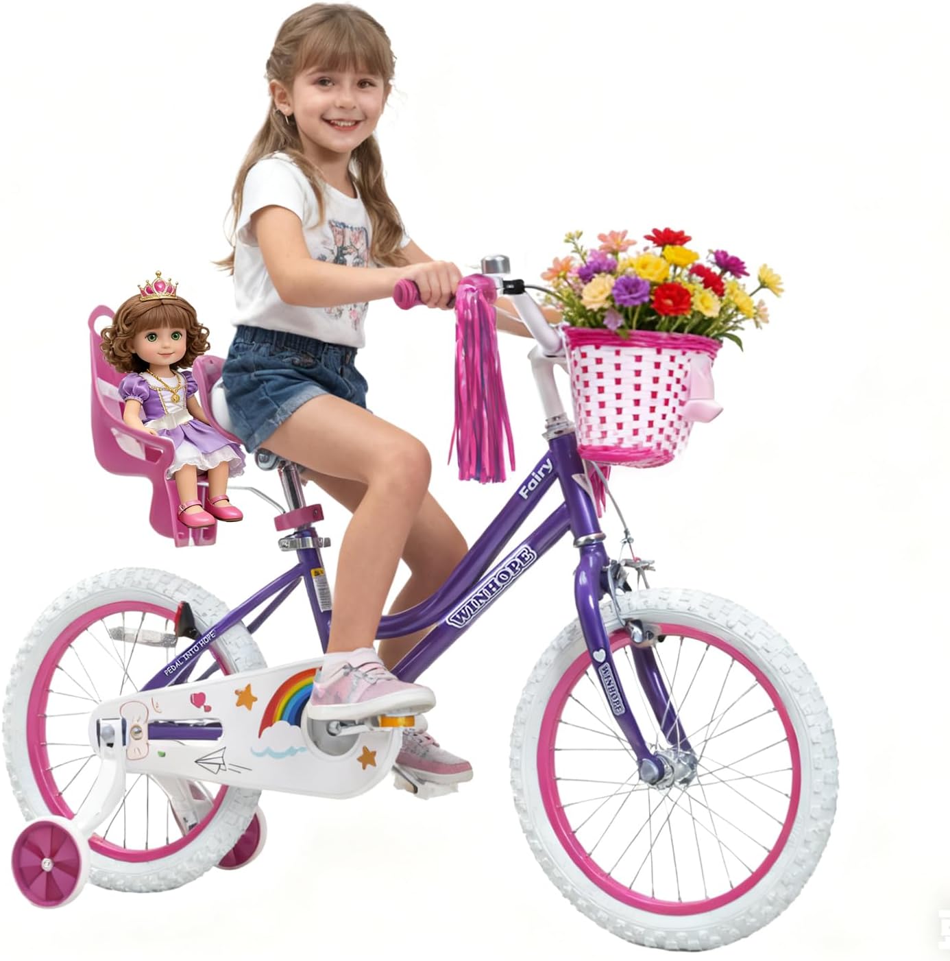 WinHope Girls Bike, 12-18 Inch Children's Bicycle for 2-9 Years Old, Beginner Kids Bike with Training Wheels, Doll Seat &amp; Basket,Streamers for Outdoor Riding, Multiple Colors