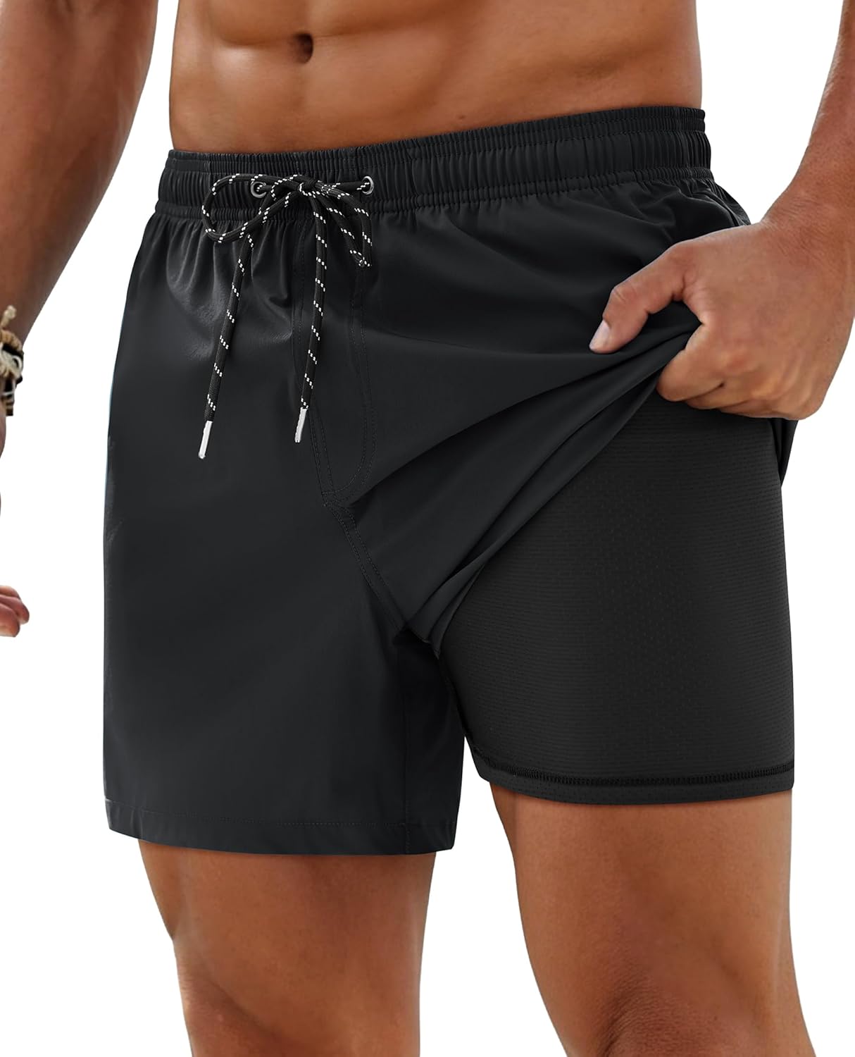 Alimens &amp; Gentle Mens Swim Trunks Compression Liner 5 Inch Inseam Quick Dry Beach Board Shorts with Zipper Pockets Gym