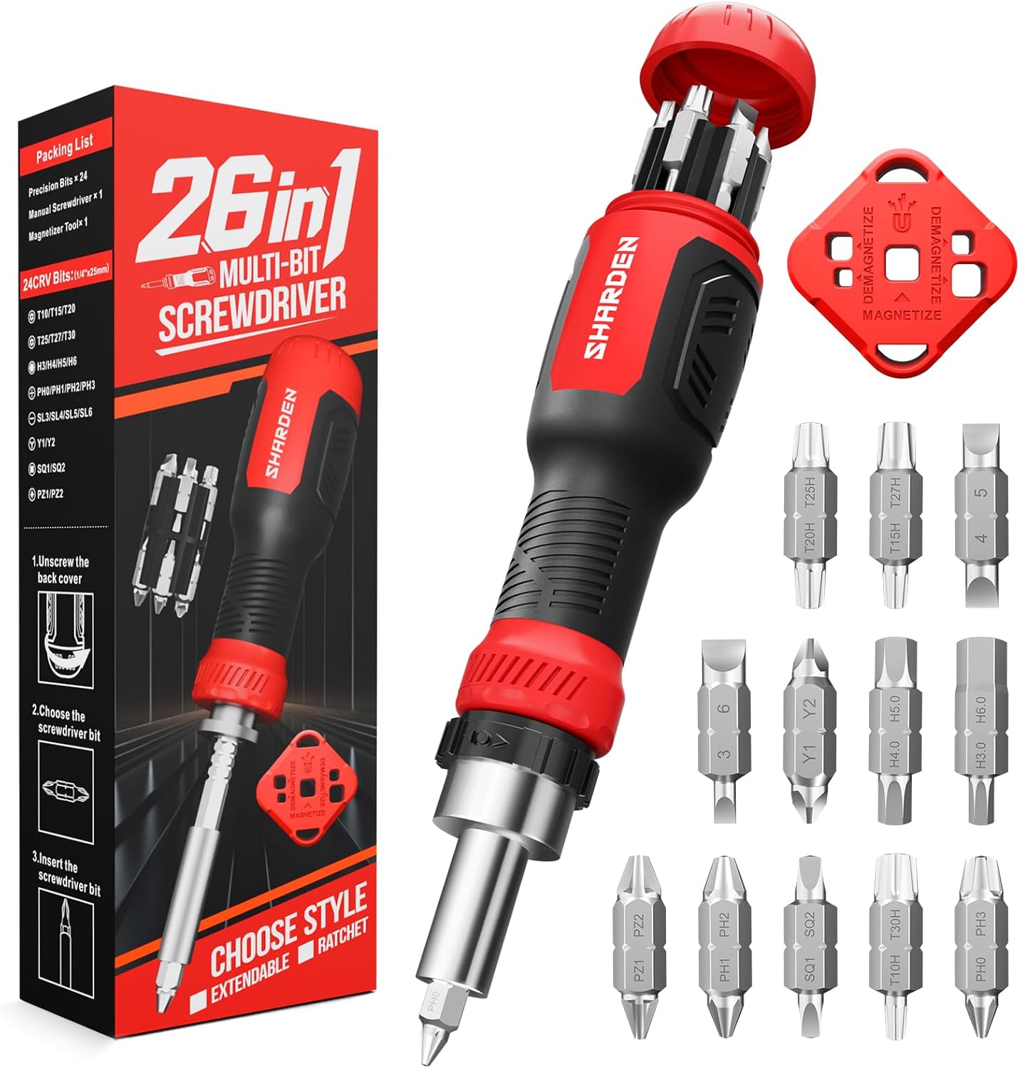 SHARDEN 26-in-1 Ratcheting Screwdriver Set Multi Ratchet Screwdriver Multi Screwdriver Tool Kit with 12 Double Ended CRV Bits Phillips Slotted Torx Hex Portable Tool for Home Bike Computer Repair