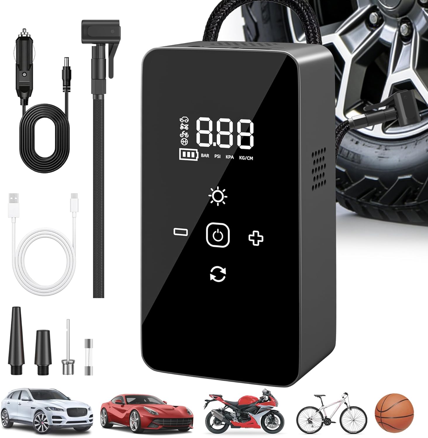 Tire Inflator Portable Air Compressor,Tire Air Pump with Digital Pressure Gauge,LED Lights&amp;Auto Shut-Off Function,Cordless Pump with 12V DC Car Plug,Air Compressor for Car,Motorcycle,Bicycle,Ball