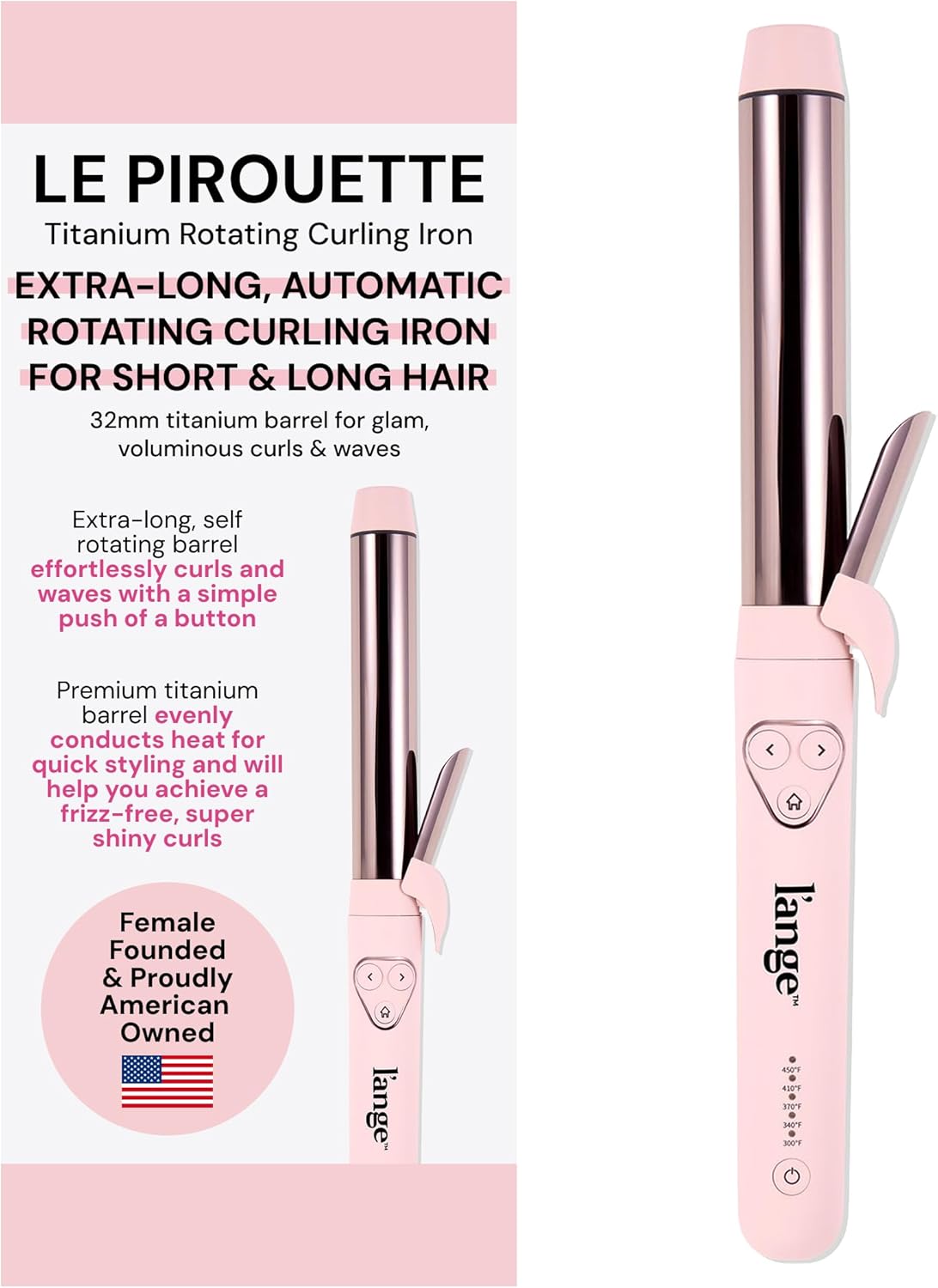 L'ANGE HAIR Le Pirouette 32MM Titanium Rotating Curling Iron Self-Rotating Curler | Curls and Waves for Beginners and Pros | Premium Titanium 1.25 Inch Barrel | Blush