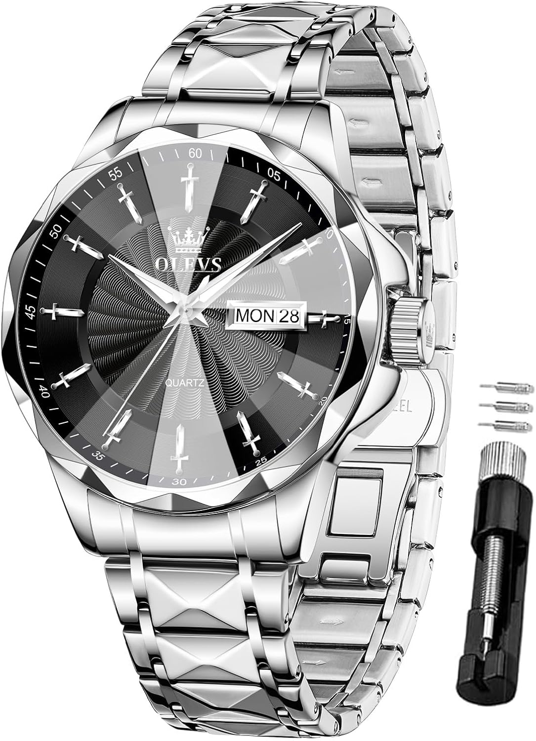 OLEVS Watch for Men Luxury Dress Waterproof Analog Quartz Watch Minimalist with Date Day Stainless Steel Watch 41mm Big Face for Large Wrist Reloj para Hombre