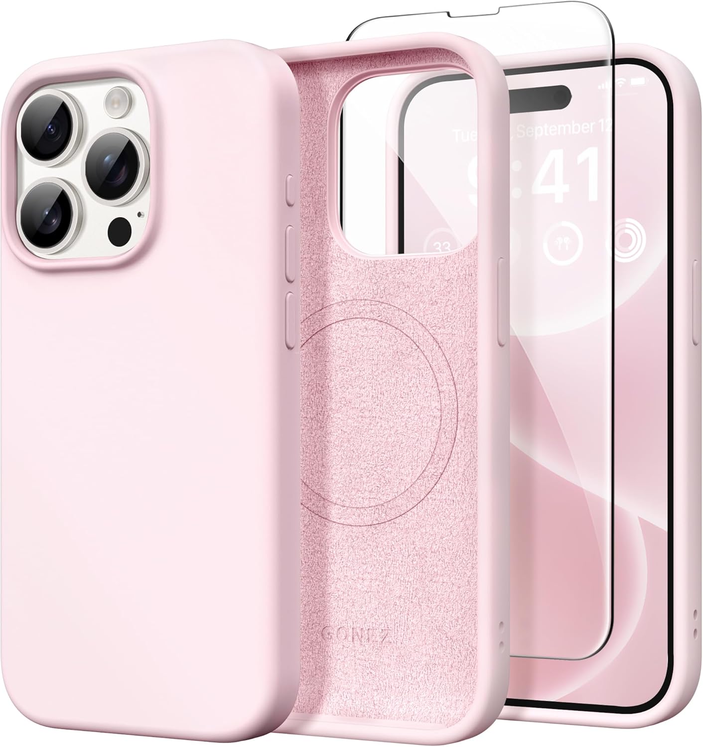 GONEZ for iPhone 15 Pro Max Case Silicone, Compatible with Magsafe, Camera Protector + Screen Protector, Soft Anti-Scratch Microfiber Lining, Liquid Silicone Shockproof Phone Cover, Chalk Pink