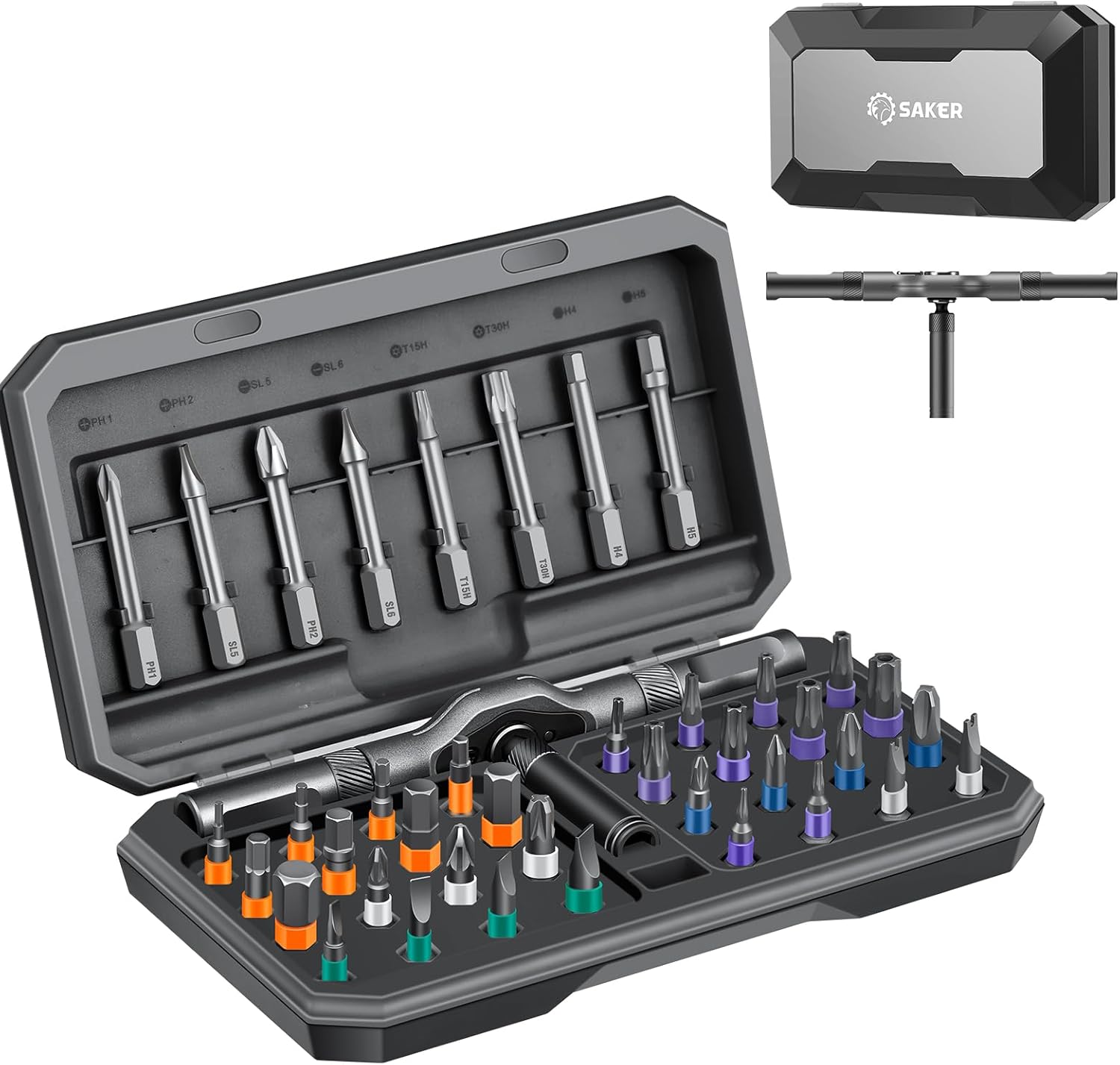 Saker 42 in 1 Magnetic Screwdriver Set, Multi Bit Free Combination Ratchet Screwdriver Set Portable Repair Tool Kit for Gifts Furniture, Computer, Bicycle and DIY Grey