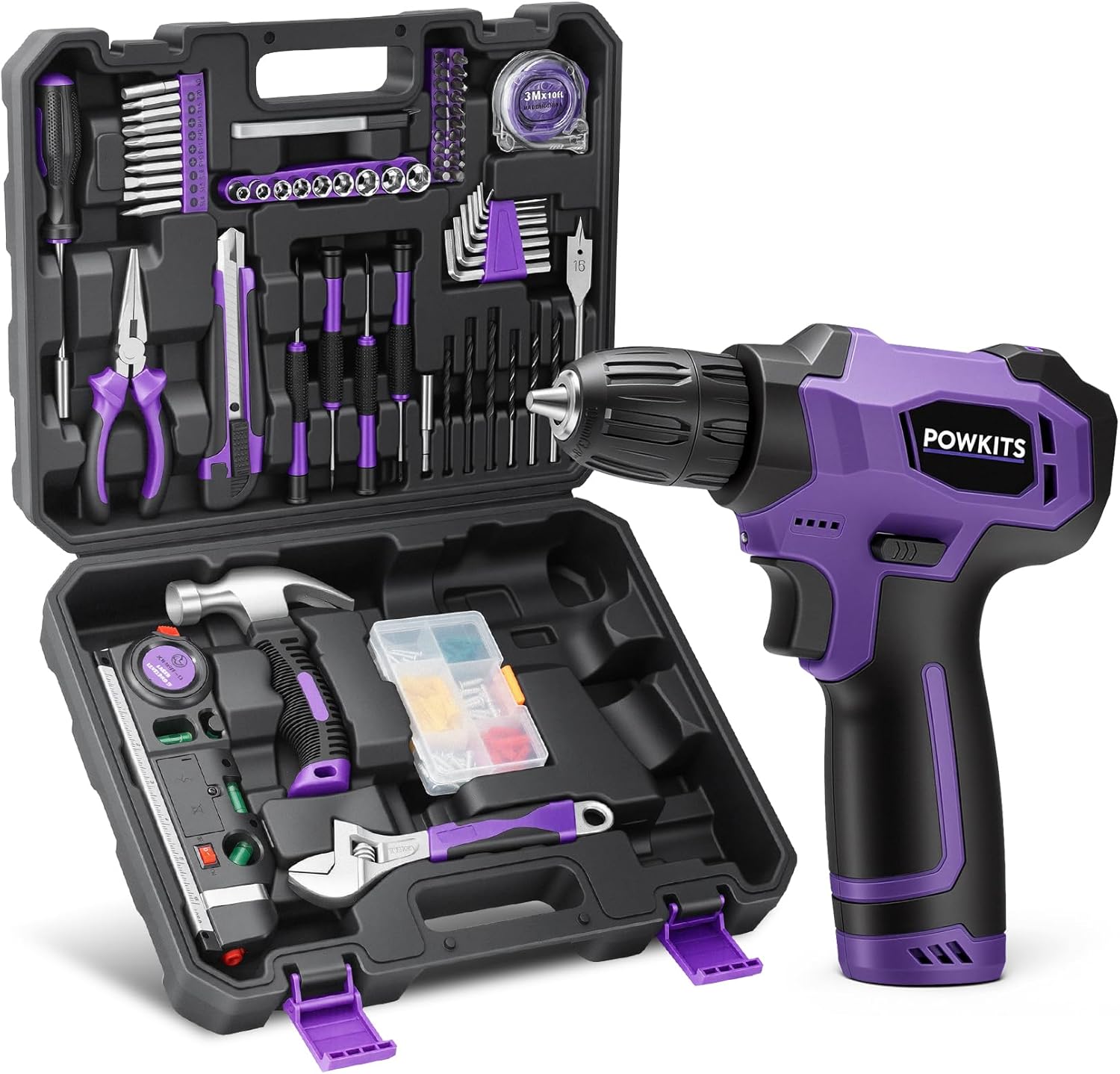 Tool Kit: 139 PCS Cordless Drill Set with Li-Ion Battery, 8V Power Drill with Type-C Charging, Portable Basic Home Tool Set for DIY Projects (Purple-A)