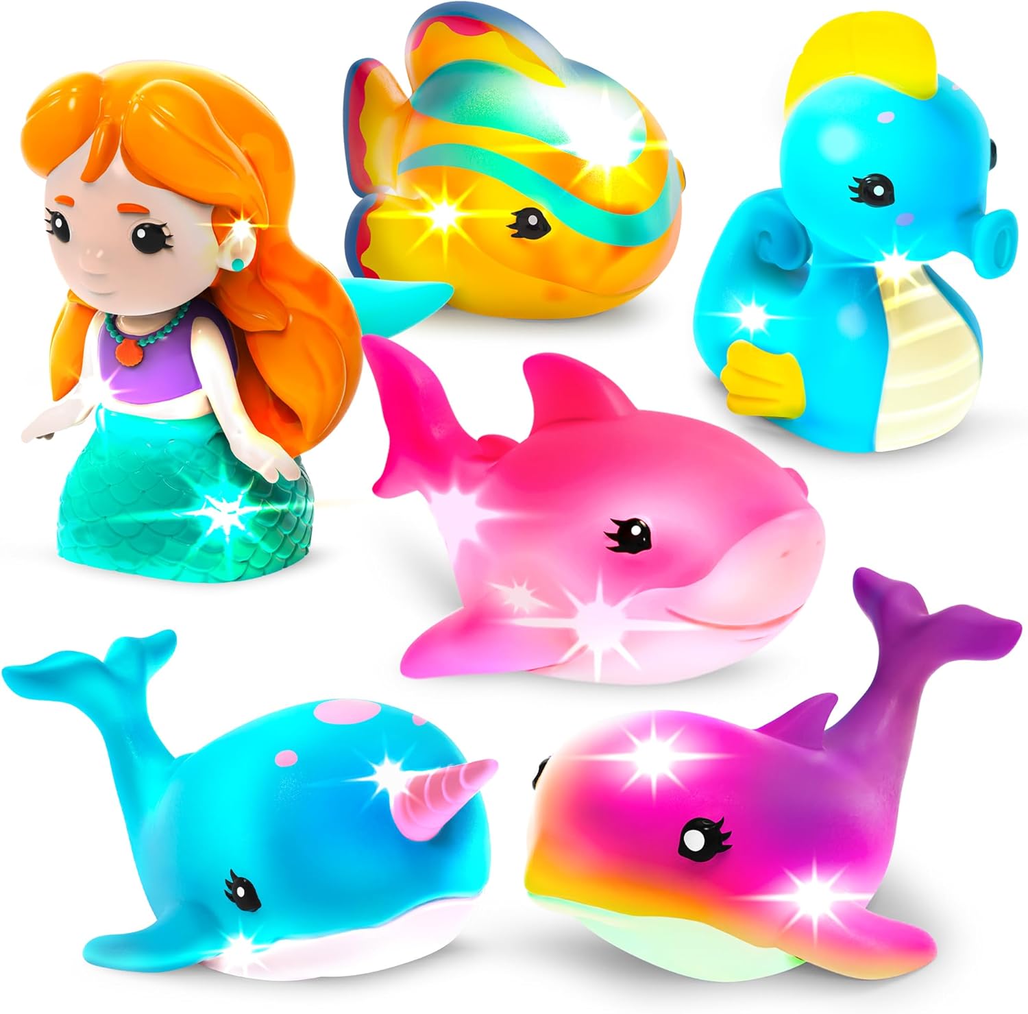 Tub Works® Mermaid Lagoon™ Light Up Bath Toys, 6 Pack | Water-Activated Light Up Toys Flash &amp; Change Color | Easy-Grip Baby Girl &amp; Toddler Bath Toys | Sensory Mermaid Toy Bathtub Toys with Bat
