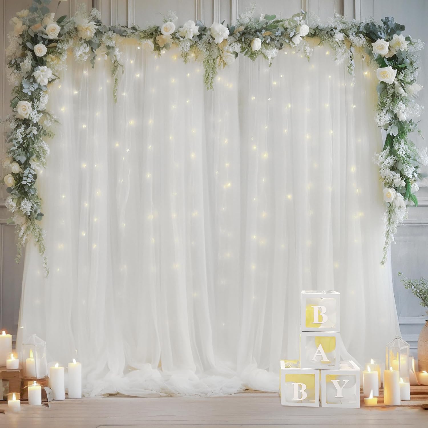 10×10ft White Tulle Backdrop Curtain with Lights String for Parites, Sheer Curtain Backdrop Drapes for Wedding Party Home Decorations