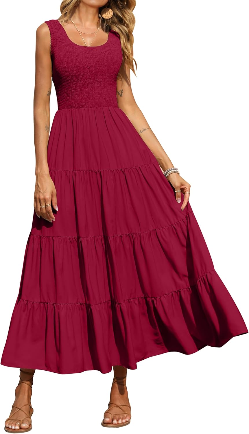 PRETTYGARDEN Women's 2026 Casual Loose Plain Maxi Sundress Smocked Tank Dress Sleeveless Spring Beach Tiered Long Dresses