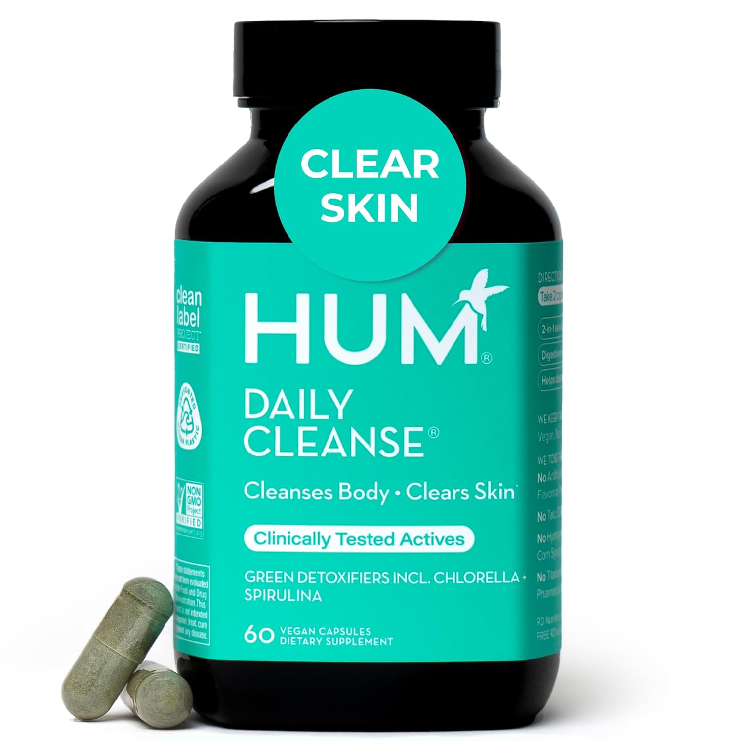 HUM Daily Cleanse Acne Supplements for Women &amp; Men, Gentle Digestive Cleanse for Clear Skin Support, Zinc, Spirulina, Chlorella, Detoxifying Herbs, Organic Algae, Skin Vitamins Supplement, 60 Caps