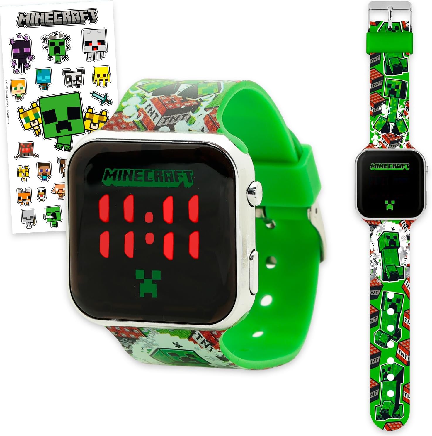 Minecraft Watch for Kids - Bundle with Creeper LCD Digital Watch for Kids with Strap Plus Stickers | Easy to Read Wristwatch for Boys