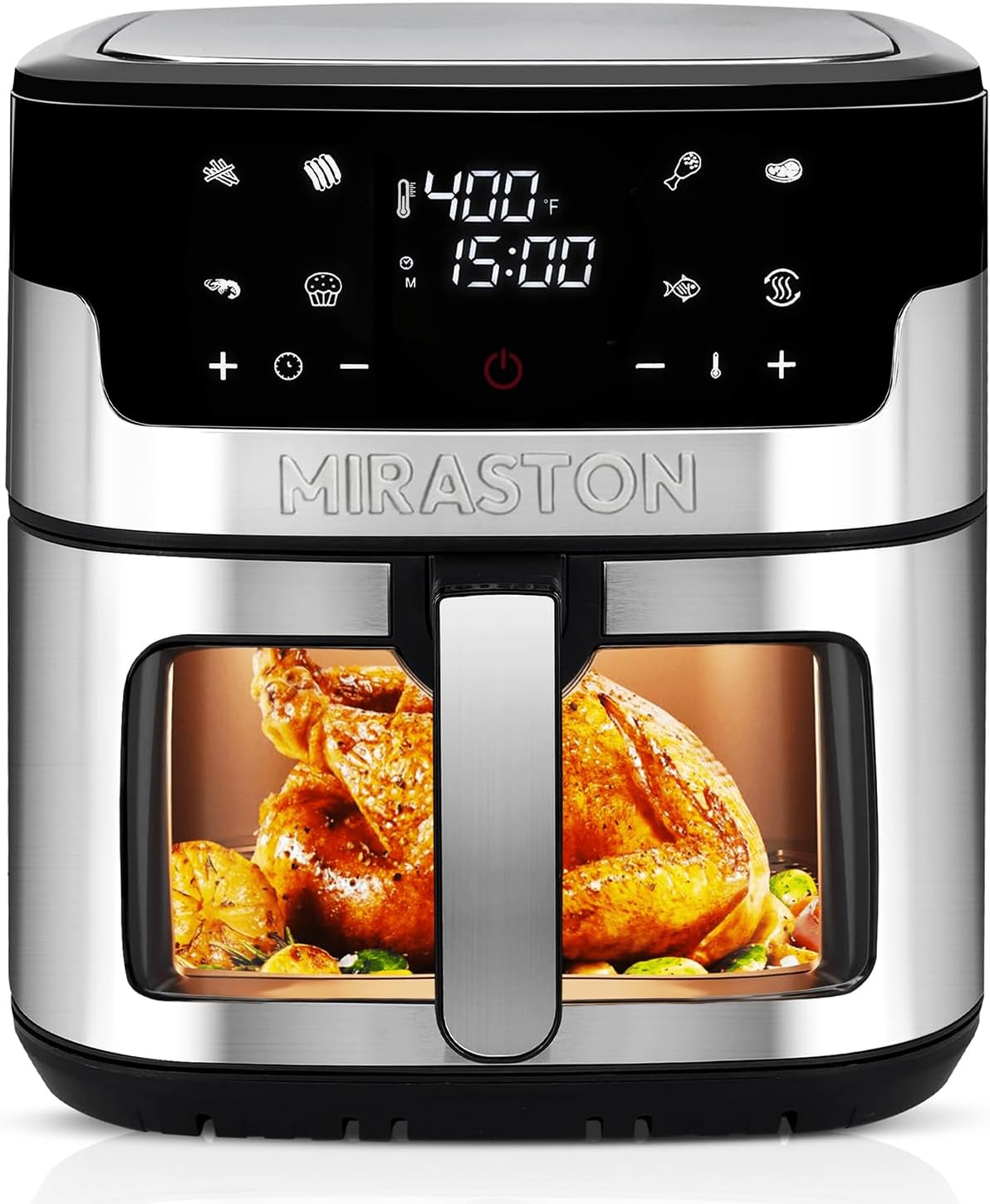 MIRASTON Air Fryer, 8.5QT Family Size Digital Air Fryers, BPA-Free, Smart Touchscreen with 8-Preset, Air Frying, Reheat Leftovers, Party Food, Fast Cooking, Dishwasher-Safe, Stainless Steel
