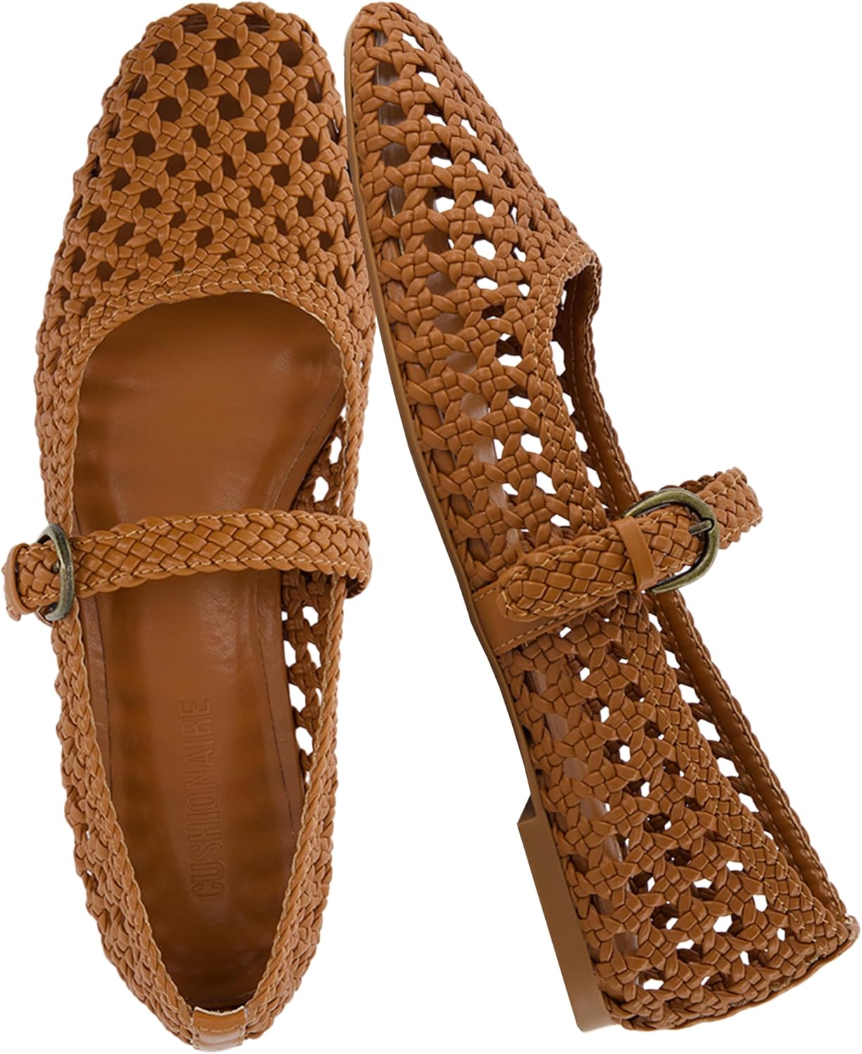 CUSHIONAIRE Weston Hand Woven Mary Jane Flats for Women, Comfortable Dressy Ballet Flats with Braided Adjustable Buckle and Memory Foam Cushioning