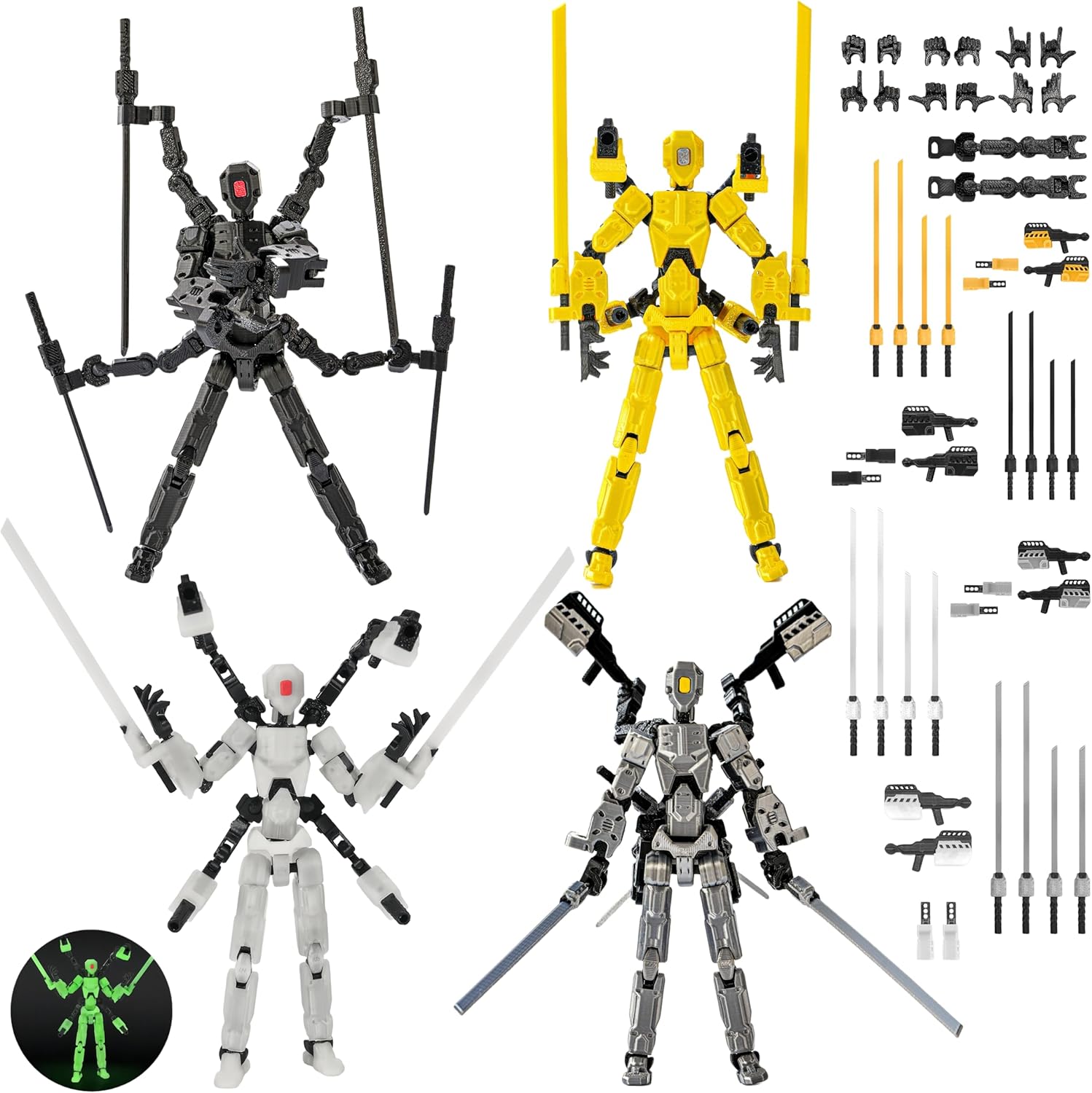 T13 Figure Set &amp; Titan 13 Toys 4 Pack（3d Printed Action Figures Assembly Completed）（Multi-Jointed Movable）（Mecha Designs Includes Various Accessories）Dummy T 13 Figures Desk Decoration 5.5in