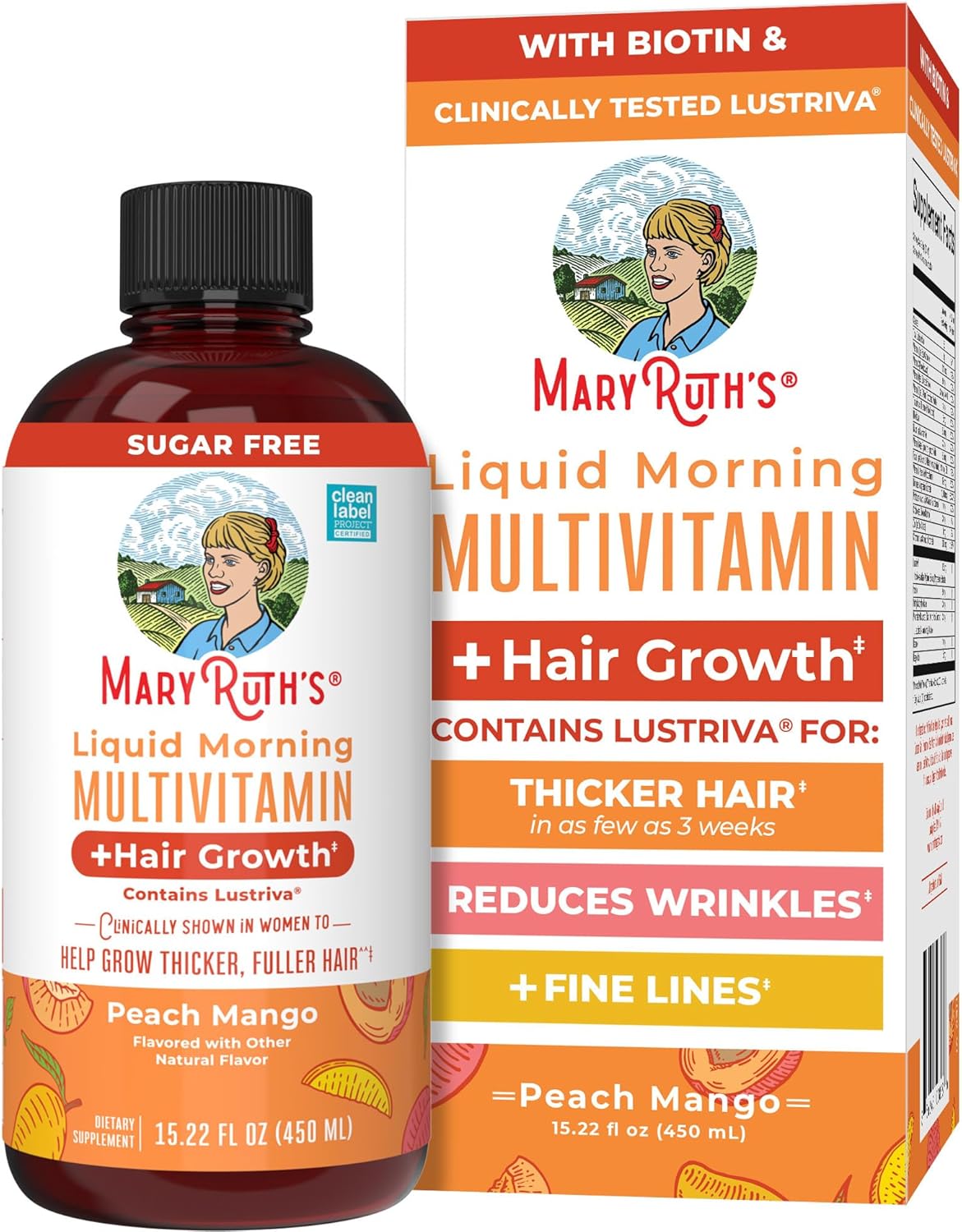 MARYRUTH'S Liquid Multivitamin+Hair Growth | Biotin 10000mcg | Lustriva Hair Growth Supplement | Clinically Tested in Women for Thicker Hair&amp;Facial Wrinkle | Skin Care | Ages 18+ | 15.22 Fl Oz