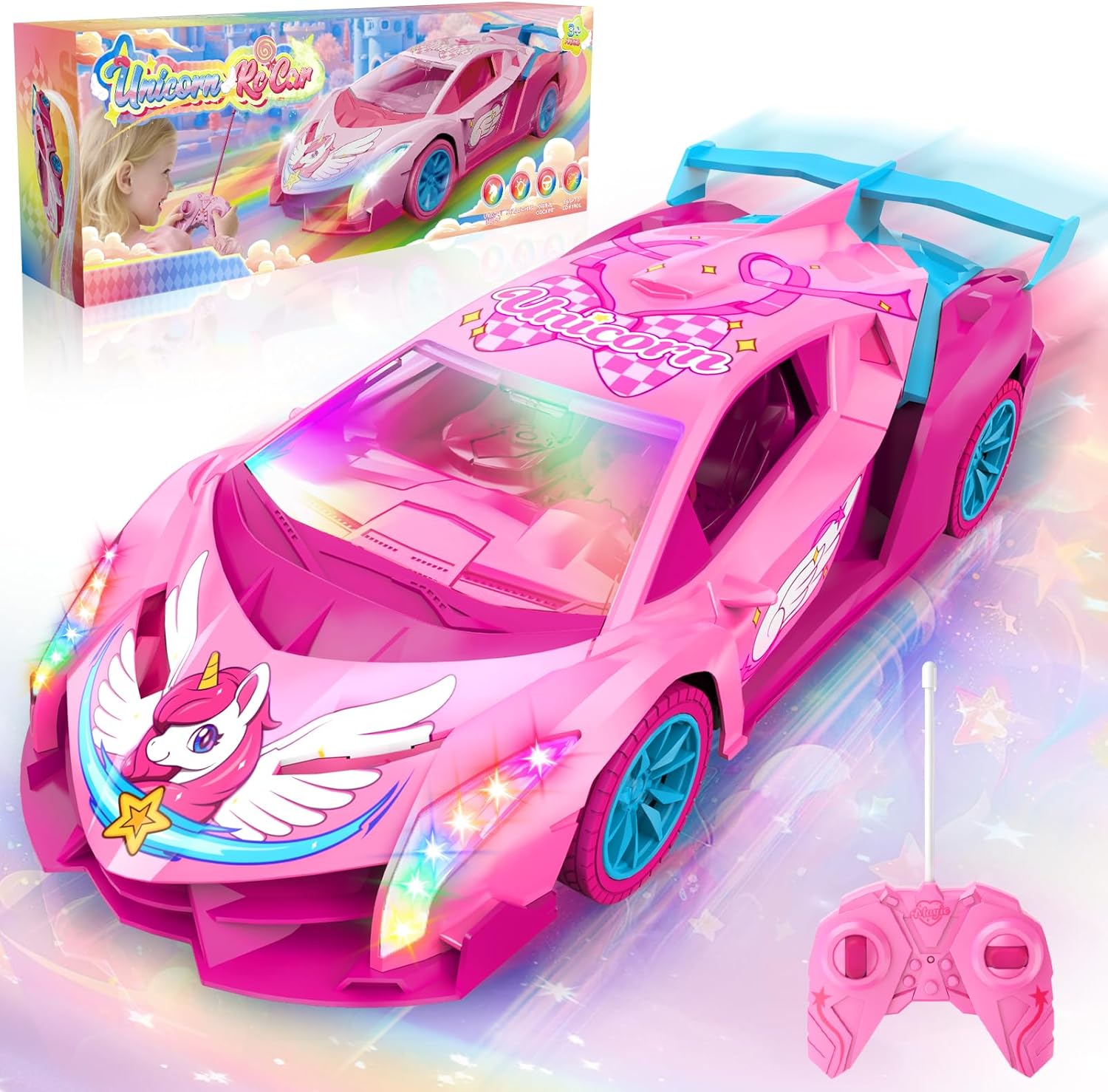 Unicorn RC Car for Girls, Rainbow Glow &amp; Drift Wing Remote Control Car,2.4GHz RC Cars 1:18 Scale,Kids Toys Age 3 4 5 6 7 8 9 10 11 12,Girls Birthday Gifts,Valentines Day Gifts for Kids 3-12 Year O